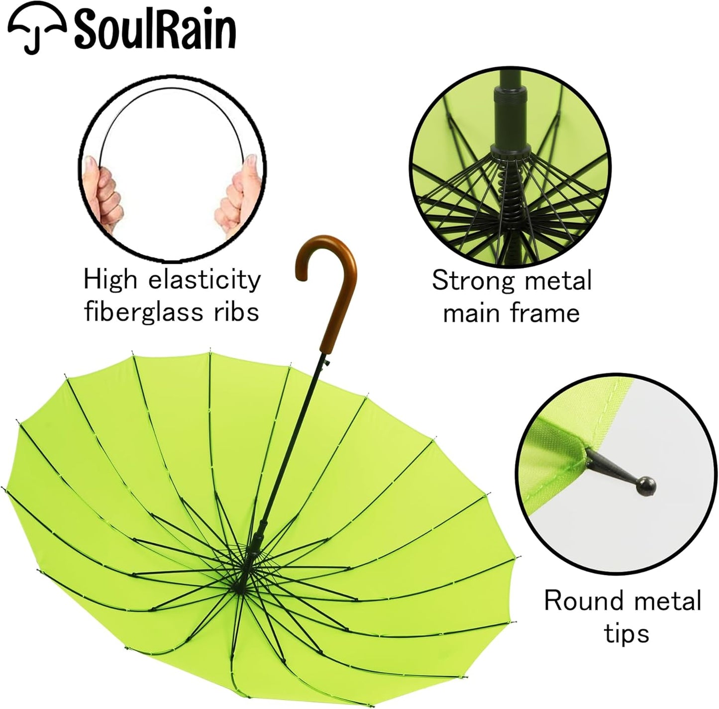 SoulRain 16 Ribs 48" Stick Umbrella Auto Open Solid Color Fashionable and Simple,Arc Classic Wood Handle,Windproof Unbreakable Stick Rain Umbrella