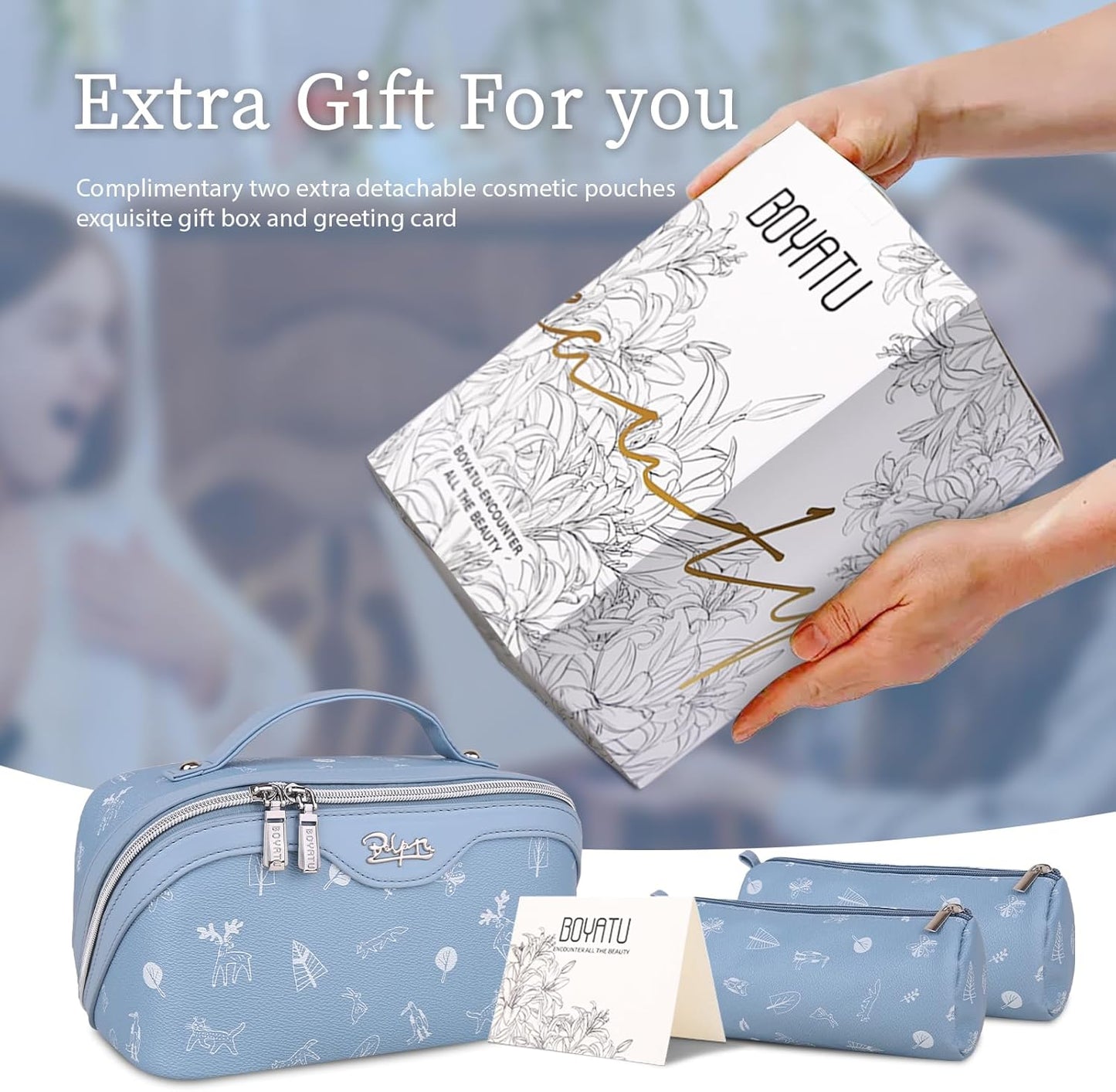 BOYATU Travel Makeup Bag Cosmetic Bags for Women: 3 Pcs Set Portable Make up Bag with Handle - PU Leather Toiletry Bags with Compartments - Makeup Organizer for Travel Essentials(L-2-Blue)