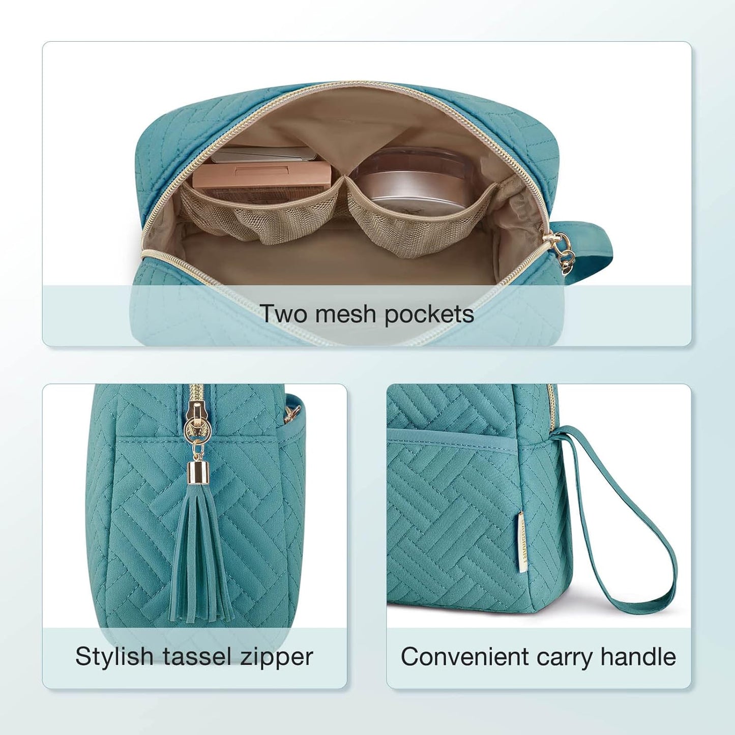 BAGSMART Makeup Bag, Elegant Roomy Cosmetic Pouch for Purse,Travel Zipper Pouch,Water-resistant Toiletry Bag,Makeup Accessories Organizer, Teal