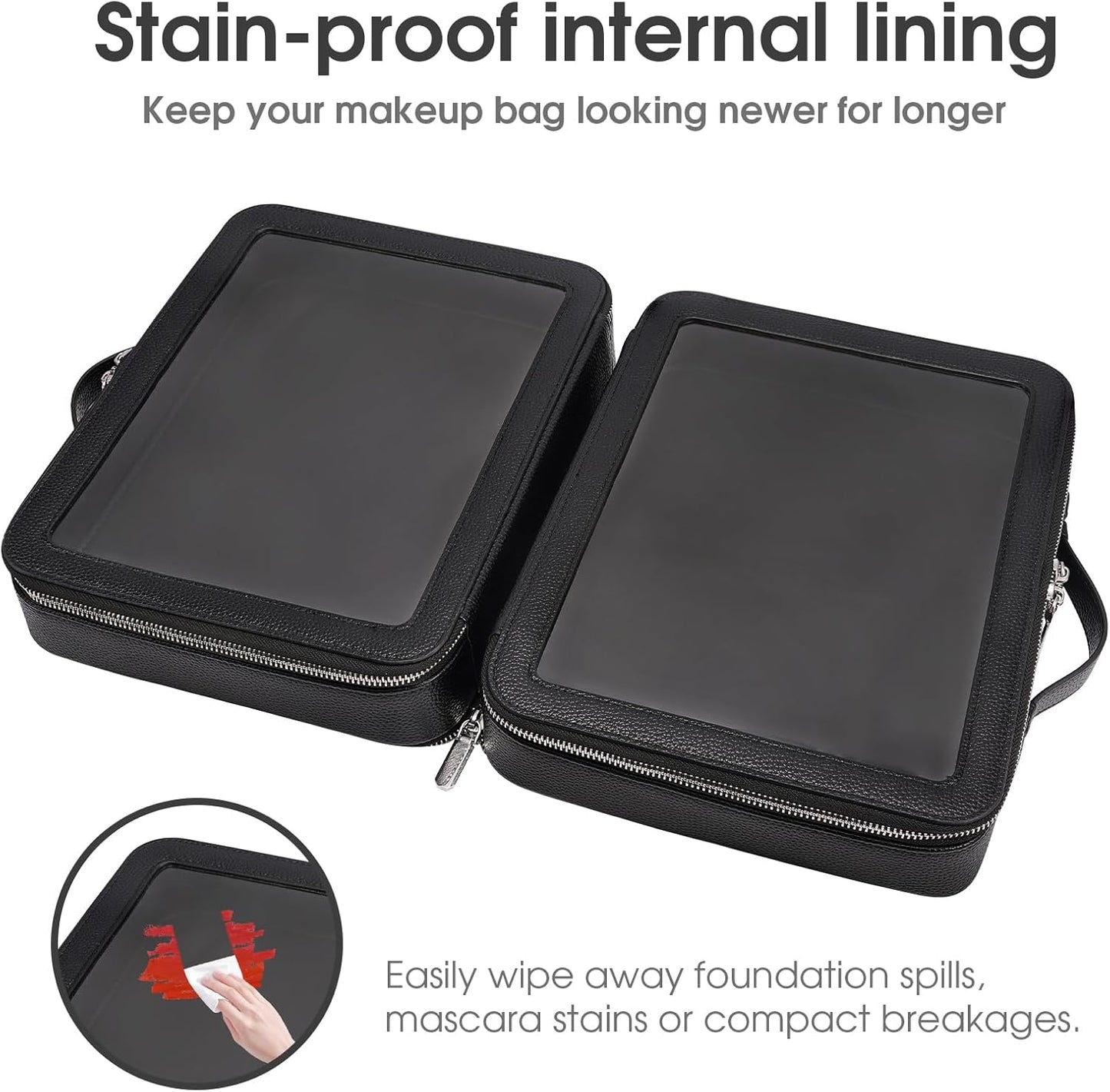 Clear Makeup Bag,Large Toiletry Case for Women,PU Leather Travel Cosmetic Bag,Detachable Makeup Case,Double Compartment Make up Organizer