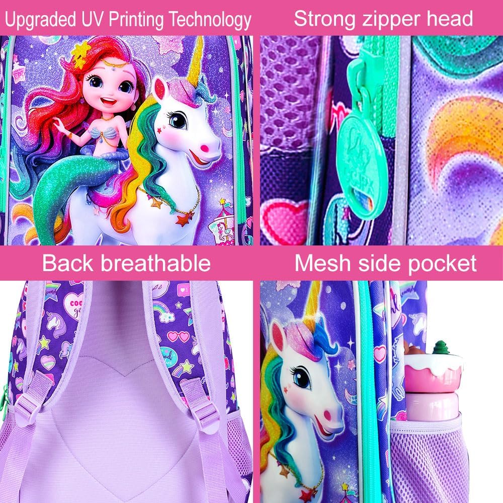 16" Mermaid Backpack for Girls, 3Pcs Unicorn Kids Bookbag with Lunch Box,School Backpacks for Elementary Preschool Kindergarten (Purple)