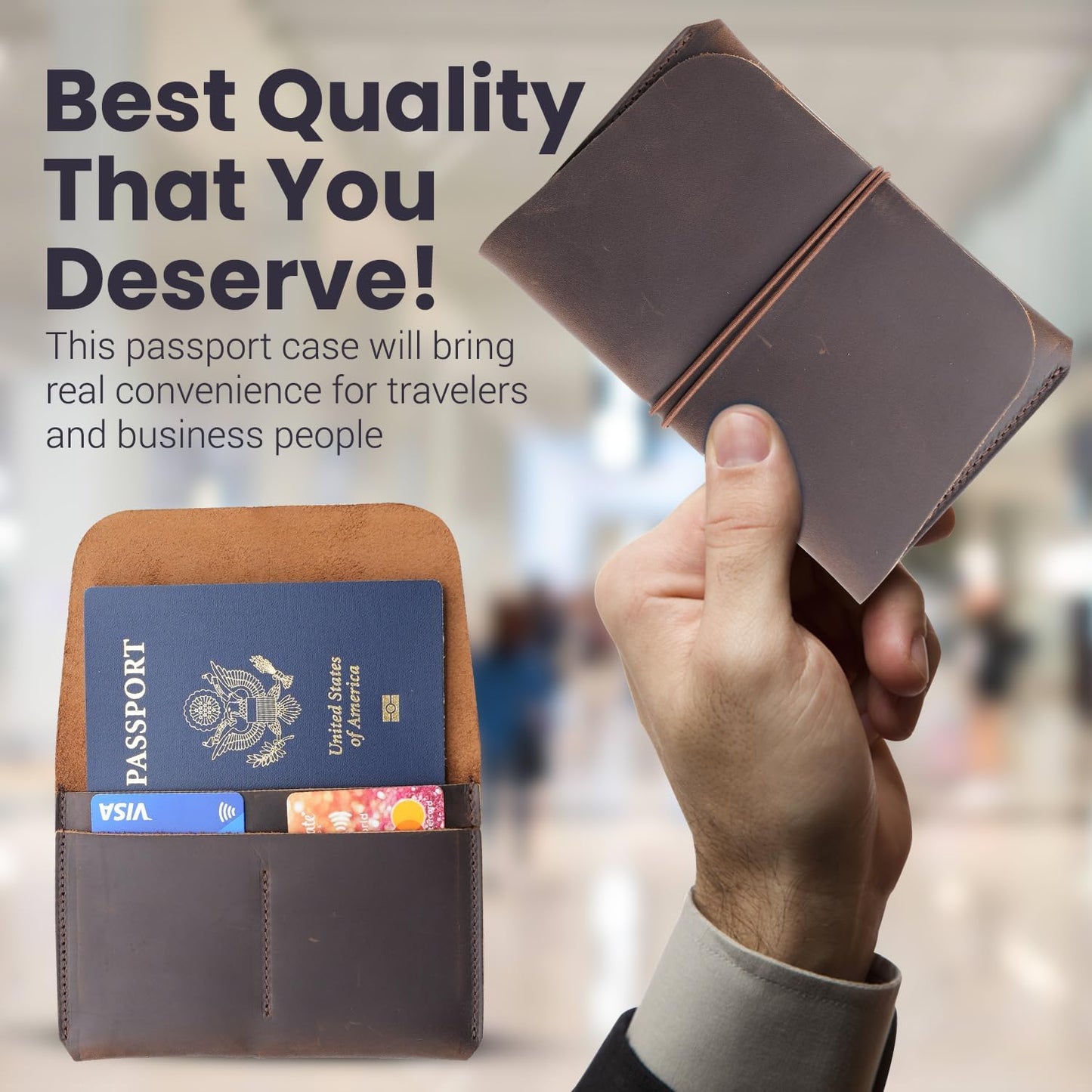 Leather Passport Holder with Travel Wallet, Genuine Leather Passport Cover- Passport Wallet, Leather Folding Wallet for Passports (Strap, Dark Brown)