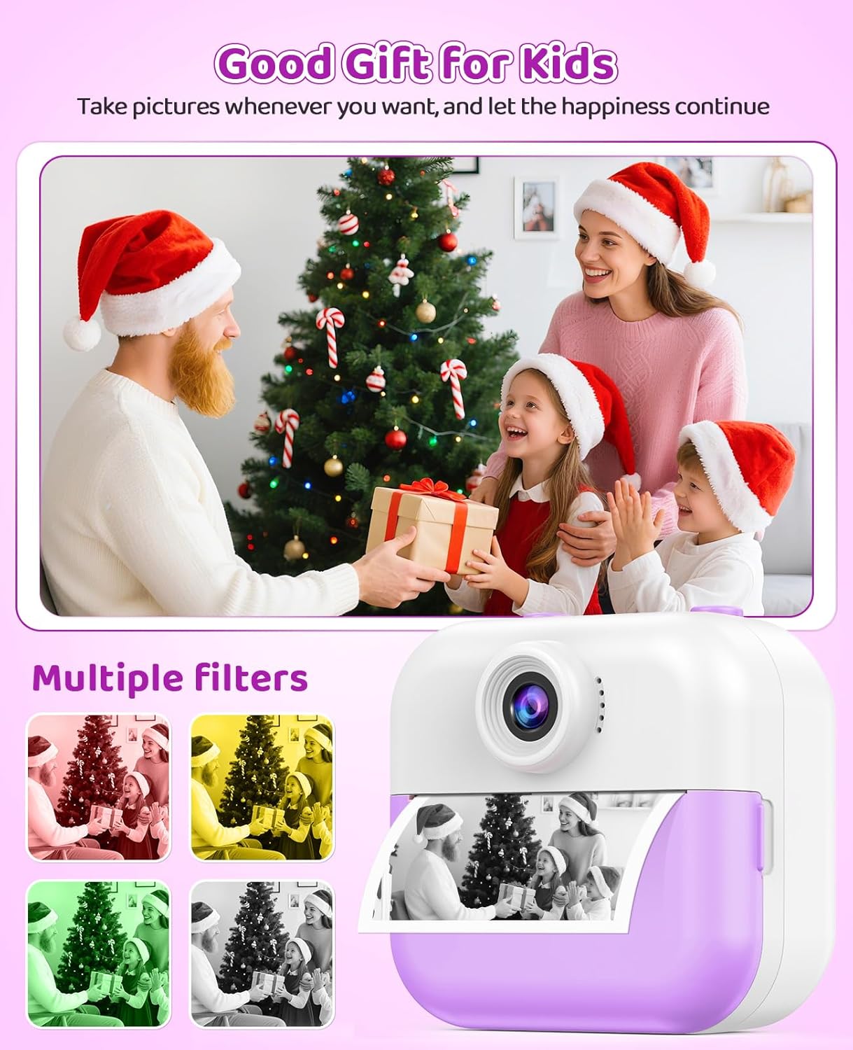 Kids Camera Instant Print for Kids Christmas Birthday Gifts Age 4-12,Quick-Release Prints Camera Toddler Portable Travel Toy 6 7 8 9 10 Year Old Girls-Purple