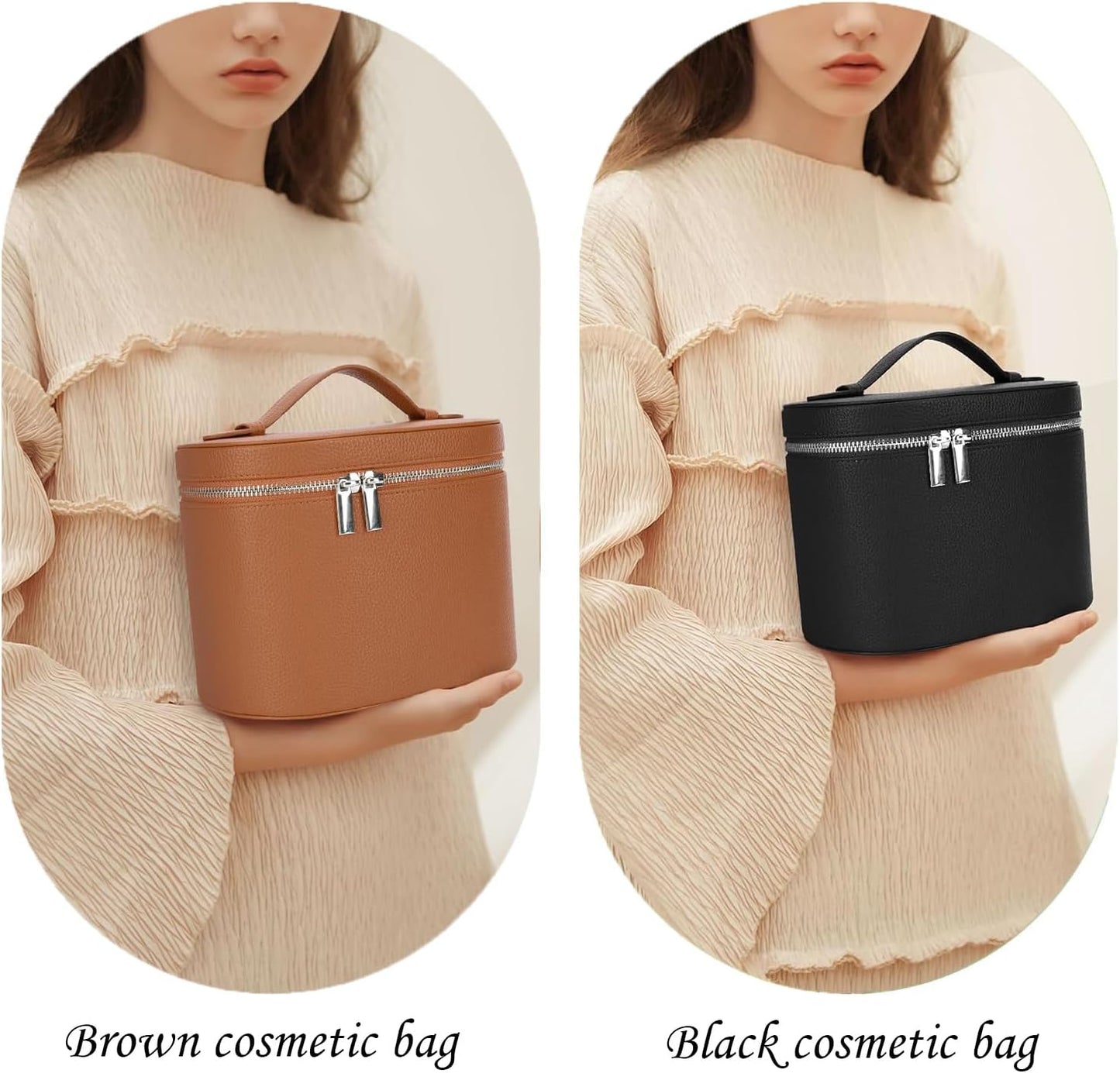 Leather Make Up Bags With Compartments, Brown travel Cosmetic Bags for Women, Parallel Makeup Travel Bags Organizer Equipped With a Detachable Divider (yellow)