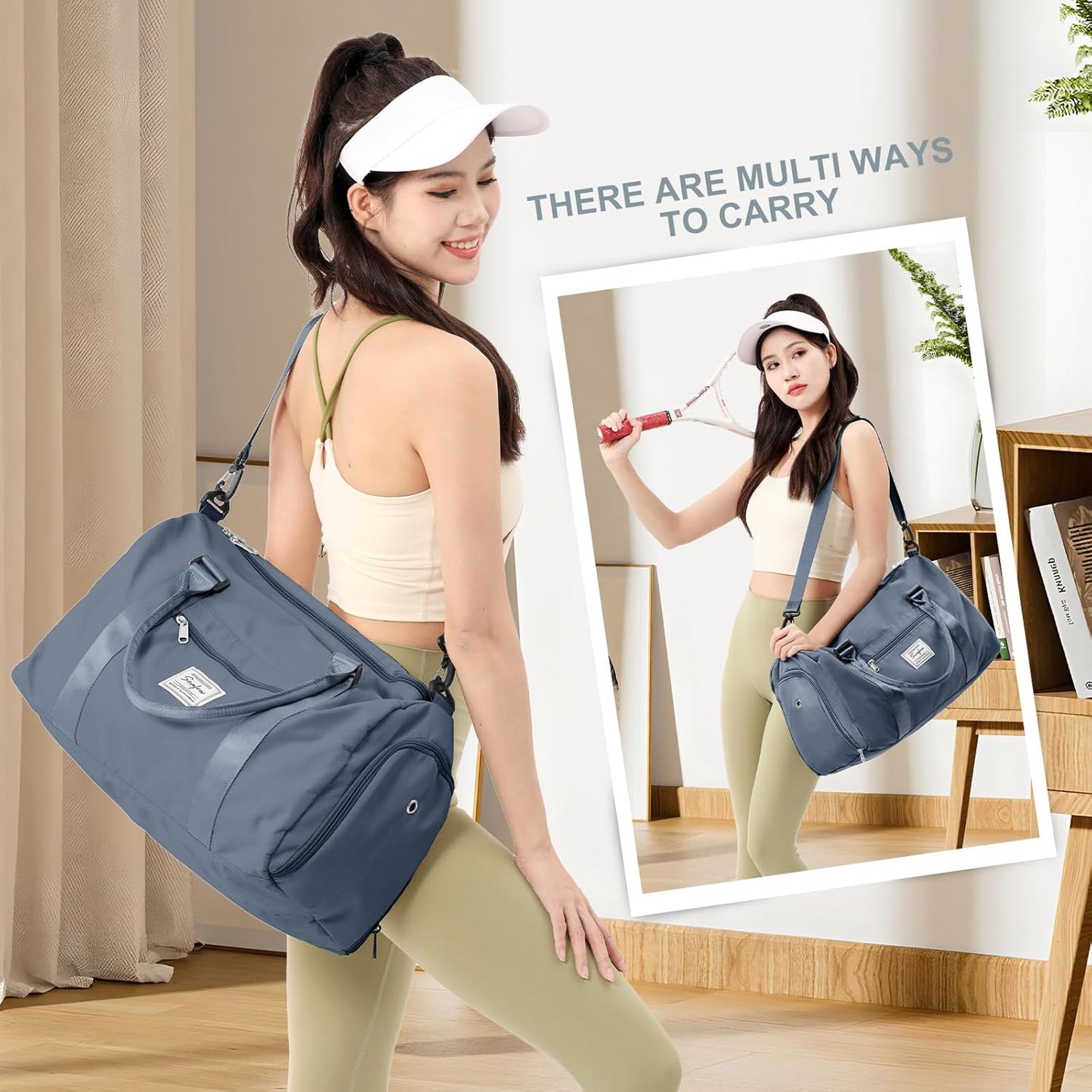 Gym Bag for Women with Shoes Compartment Small Duffel Bag Sport bag with Toiletry Bag Overnight Travel Tote Bags Weekender Carry on Bag Personal Item Bags for Airlines Grey Blue