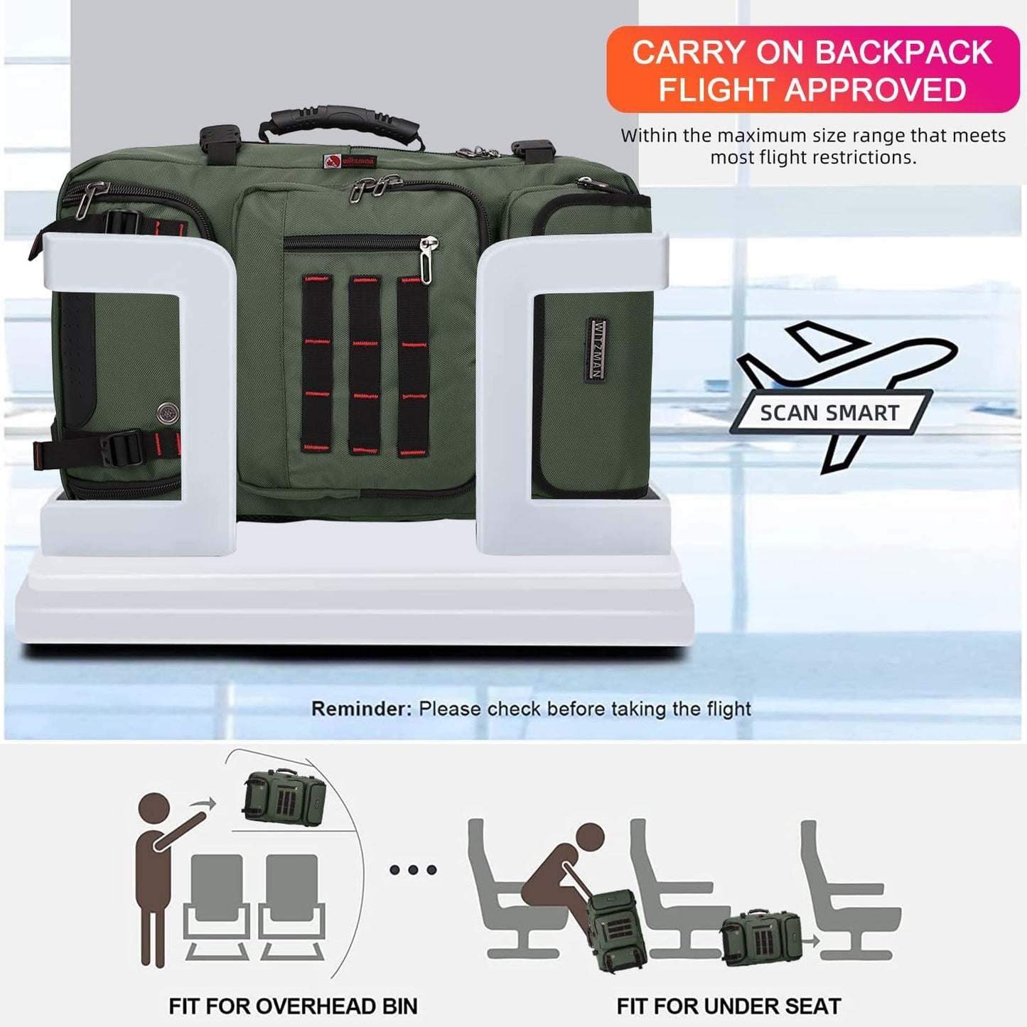 WITZMAN Carry on Travel Backpack for Men Women Airline Approved Convertible Nylon Duffle Backpack Luggage Bag (B682 Army Green)