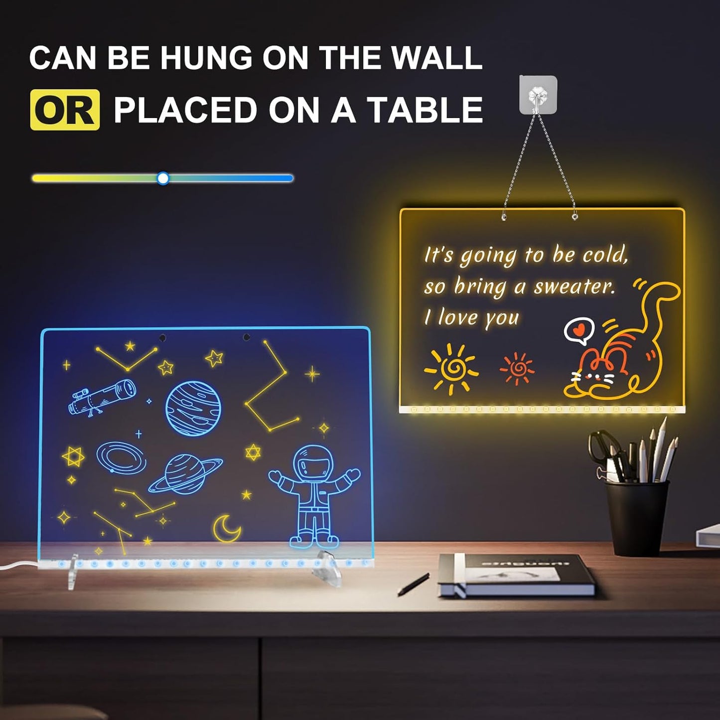 LED Note Board with 7 Colors, Includes Adapter, 13"x10" Led Drawing Board for Kids, Light Up Dry Erase Boards with 7 Markers, Soft Cloth, Hanging Chain, Holiday Trend Gift