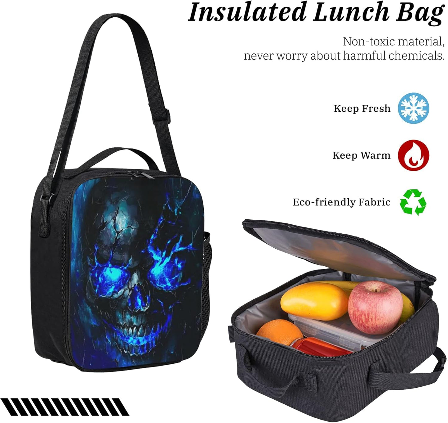 Skull Kid Backpack Set with Lunch Bag & Pencil Case Large Capacity School Bag 17 Inch Bookbag for Boy Girl
