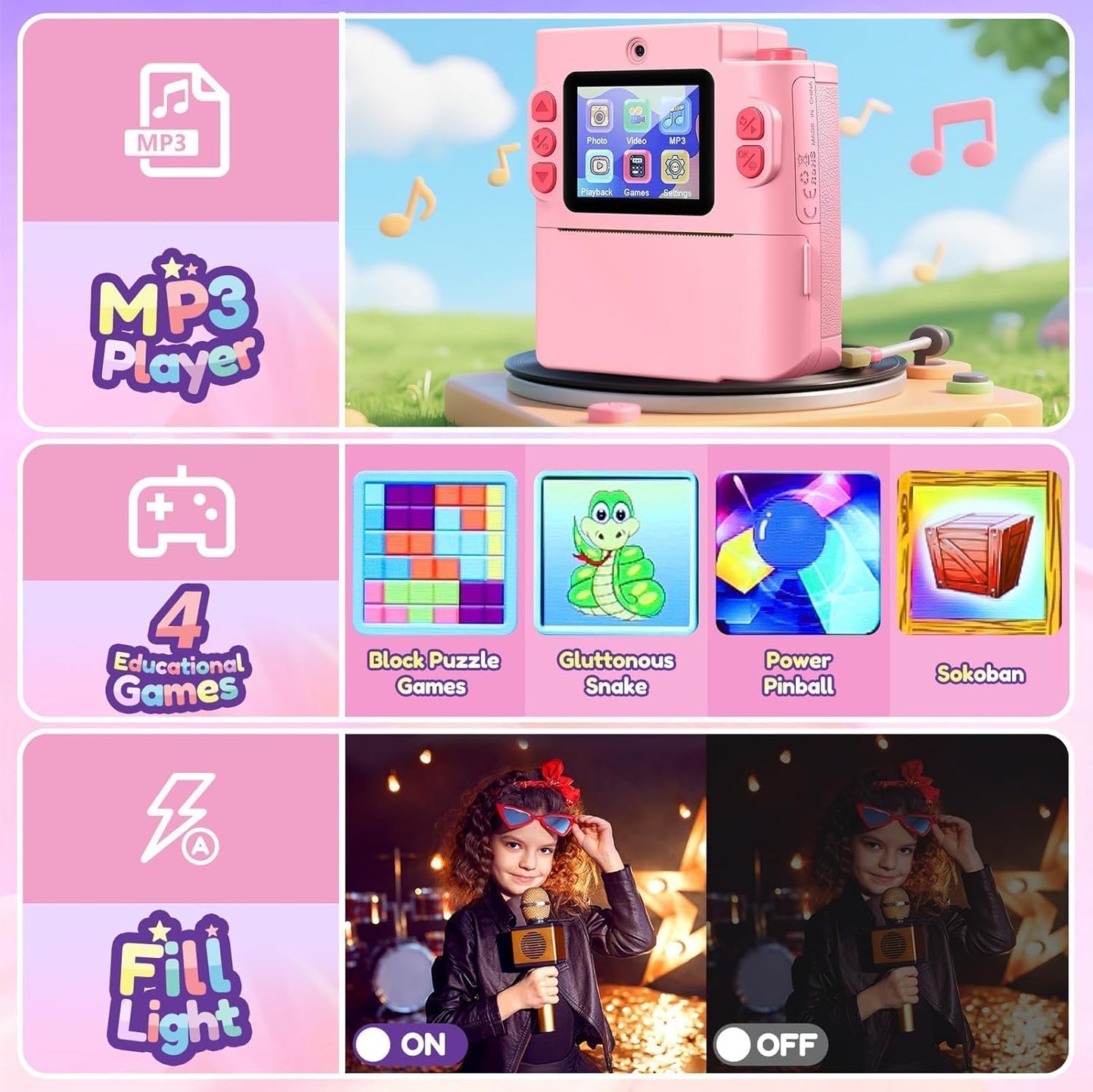 Gift for Girls Kids Camera: Instant Print Dual Lens Digital Camera Toys for Girl 3-12 Birthday Christmas Valentines Gifts for Kid Girls Boys Ages 3 4 5 6 7 8 9 10 with 32G SD Card Storage Bag Pink