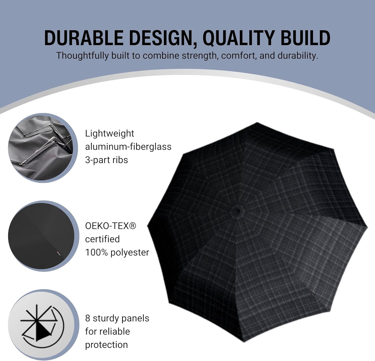 Knirps T.260 Medium Automatic Open Close Rain Umbrella with Curved Handle and Carrying Case - Compact Windproof Travel Umbrellas for Adults, 97cm Diamteter