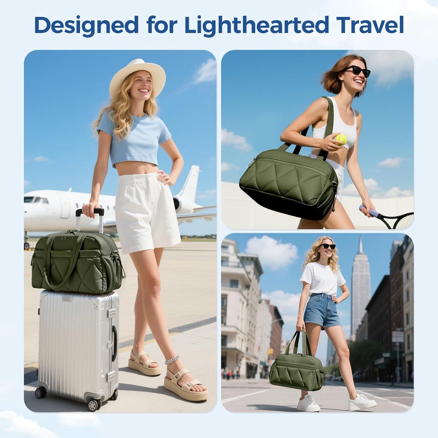 Gym Bag for Women, Puffer Travel Duffle Bag With Shoes Compartment & Wet Pocket, Carry On Tote Bag For Weekender, Overnight, Sport (Green)