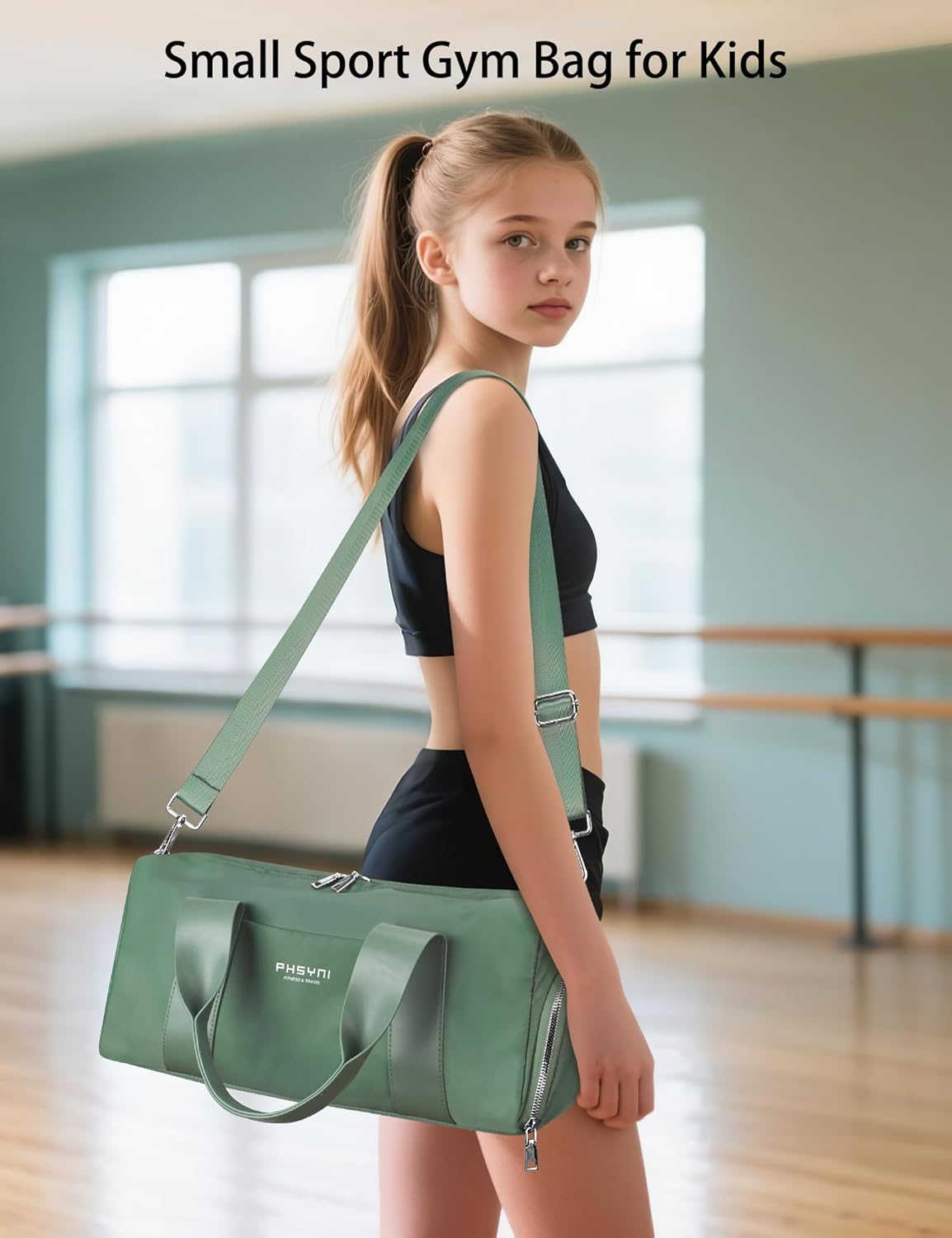 Compact Sports Gym Bag for Women, Cute Mini Duffle Bag with Wet Pocket & Shoes Compartment, Personal Item Travel Workout Bag, 16"-Small, Green