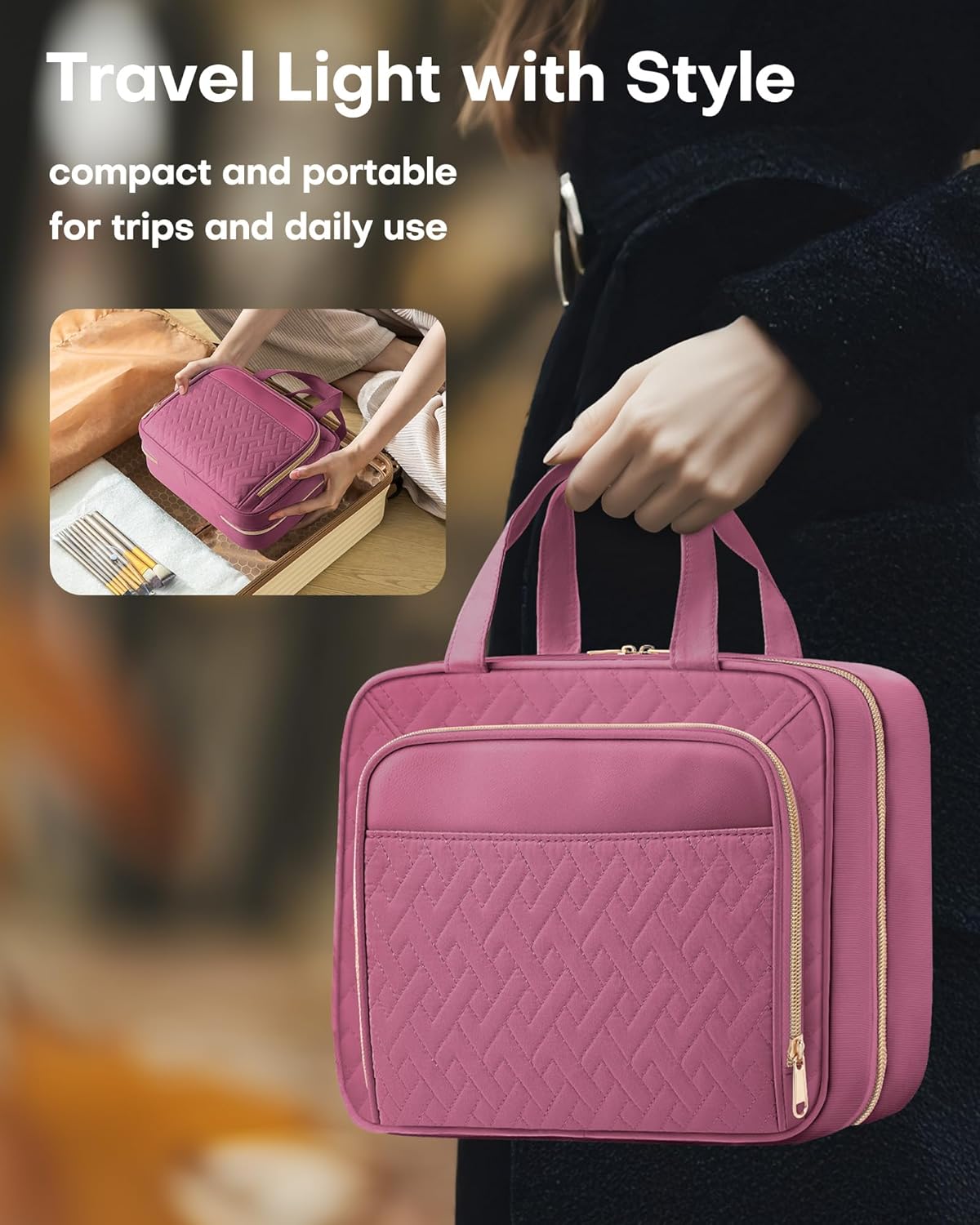 HOTOR Travel Toiletry Bag for Women & Men, Waterproof Makeup Bag with Hanging Hook and Multiple Pockets, Cosmetic Bags for Women, Travel Essentials, 12.6'' x 4.3'' x 9.9'', Rosewood-Pink