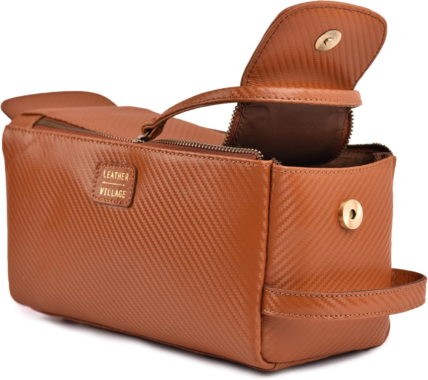 LEATHER VILLAGE Premium Carbon Fiber Genuine Leather Travel Toiletry Bag - Large Compact Dopp Kit, Water-Resistance Shaving & Cosmetic Organizer for Men & Women - Tan