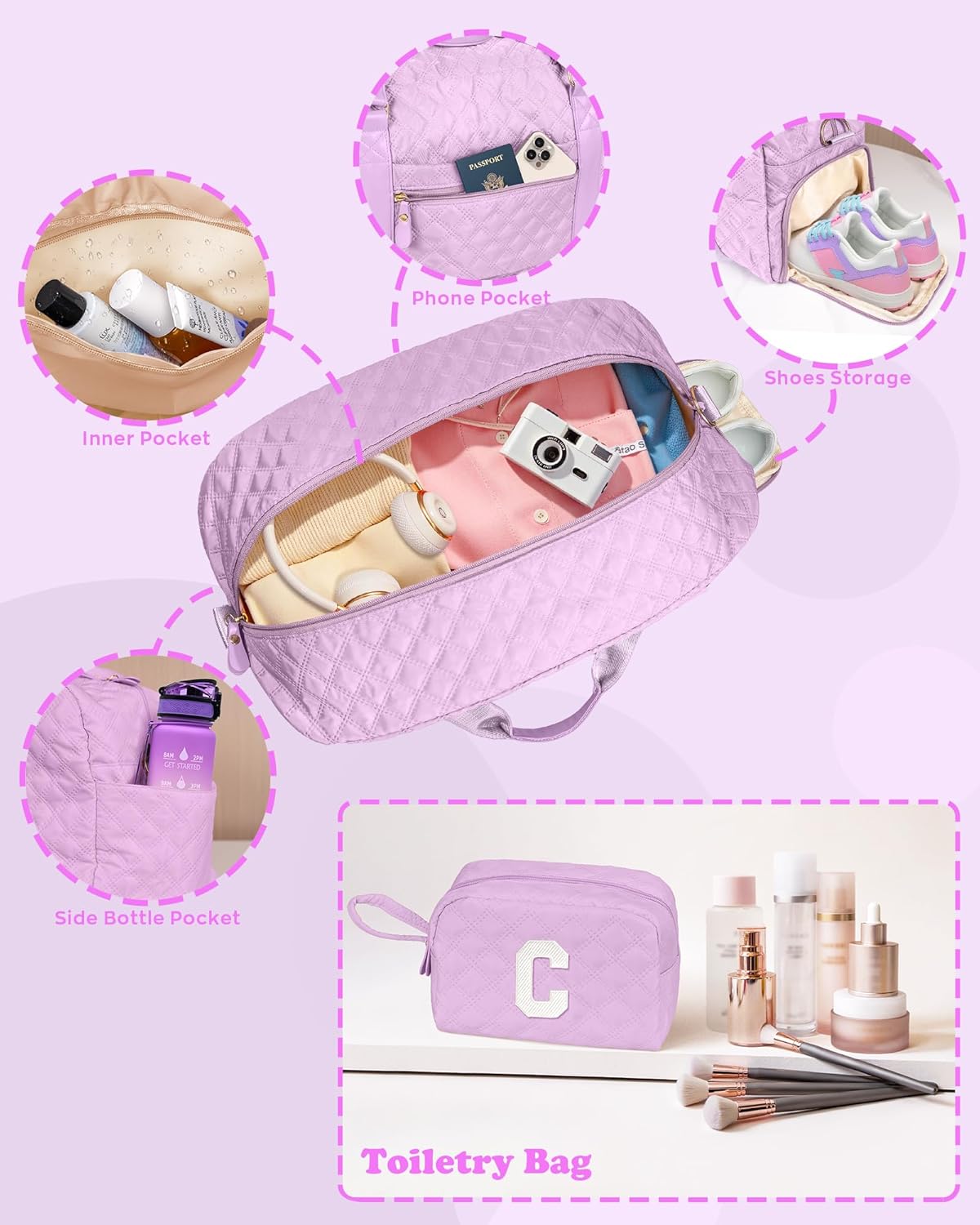 Initial Travel Duffle Bag Women Girls Gift: Personalized Weekender bags, Dance Cheer bag Sports for Girl, Kid Gymnastics Bags, Birthday Gifts for Women Girls Kids Teens Mom Teacher