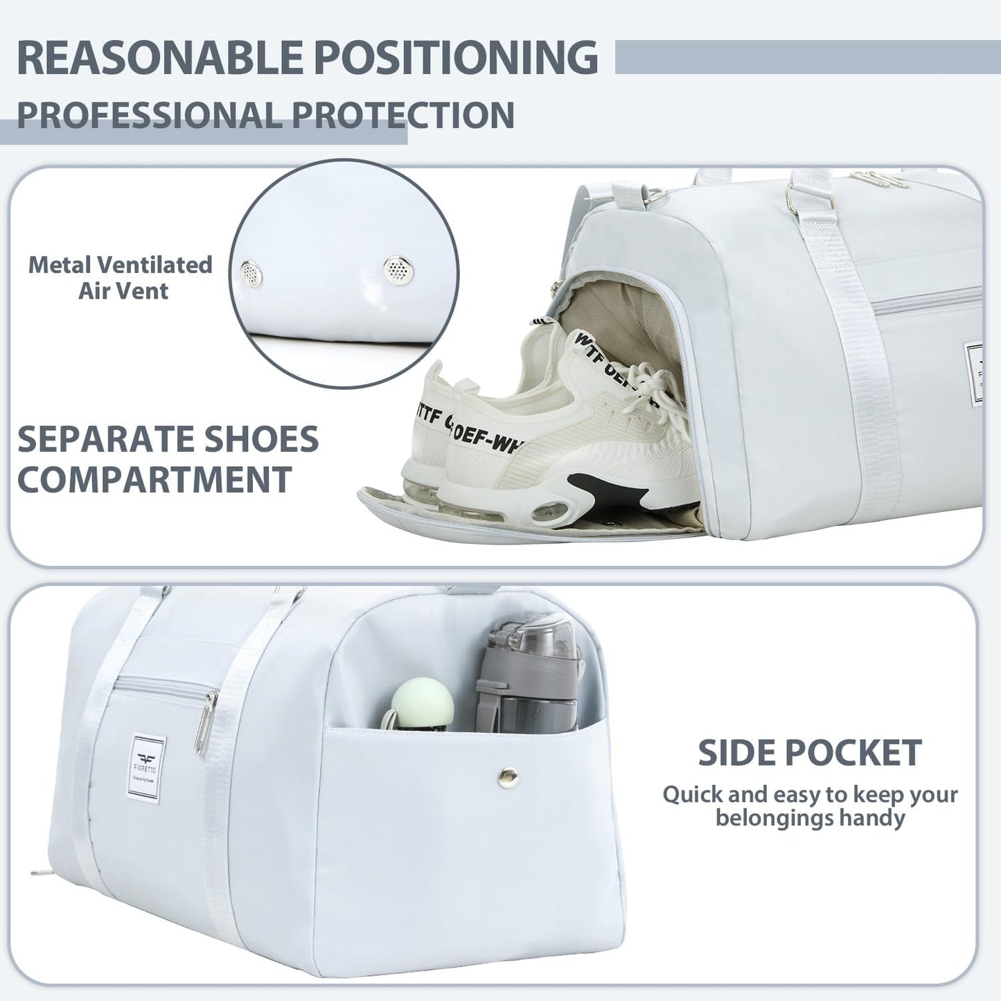 FIORETTO Womens Gym Tote Duffle Bag with Wet Pocket & Shoe Compartment, Sports Duffel Overnight Weekender Hospital Workout Carry on Bag for Girls, Ideal for Travel, Swimming, Dance, Ballet Grey