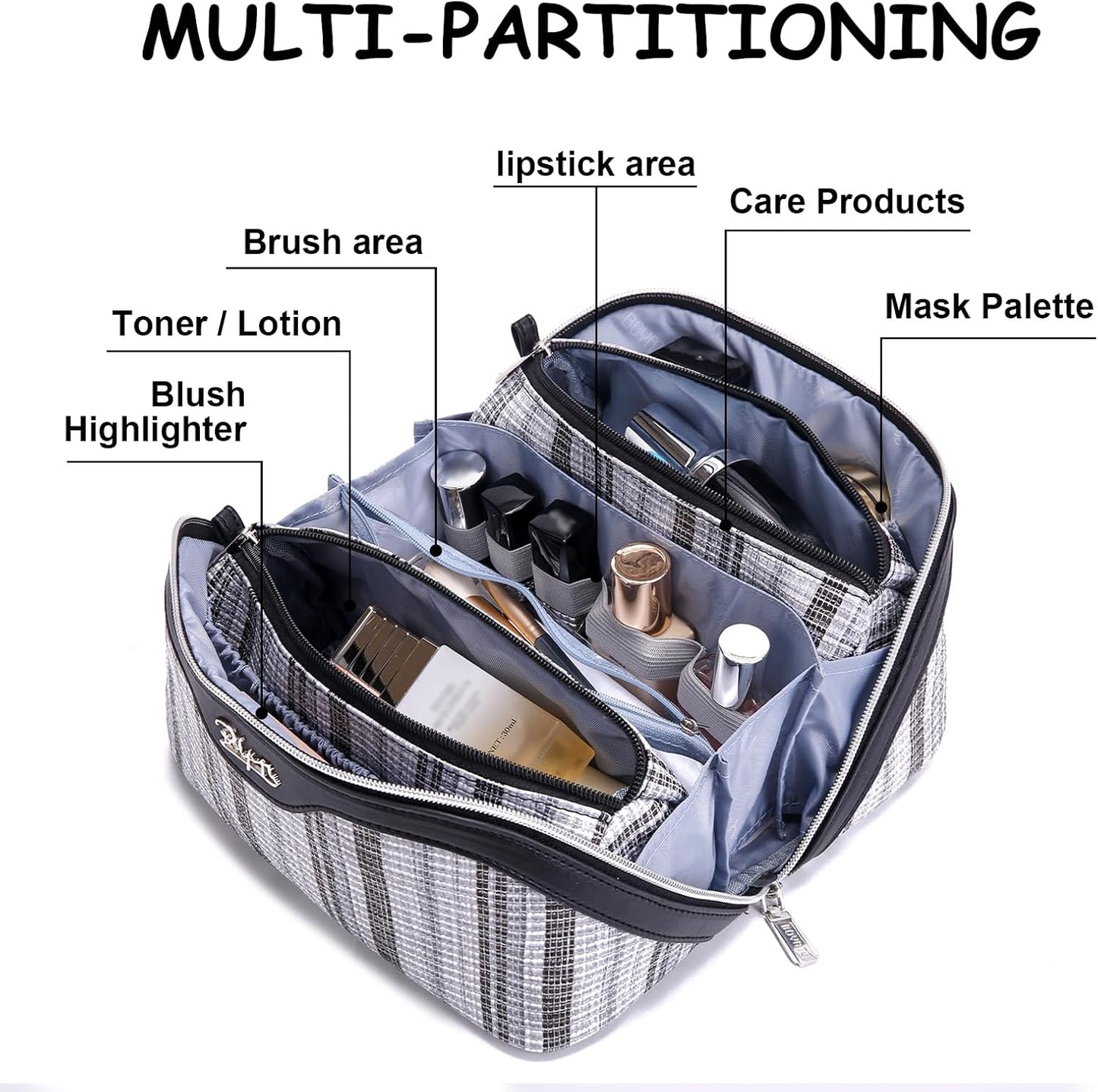 BOYATU Travel Makeup Bag for Women: Large Capacity Open Flat Make up Bag Set of 3 - Vegan Leather Cosmetic Bag with Compartments - Waterproof Toiletry Bag with Handle & Divider(I-2-Black)