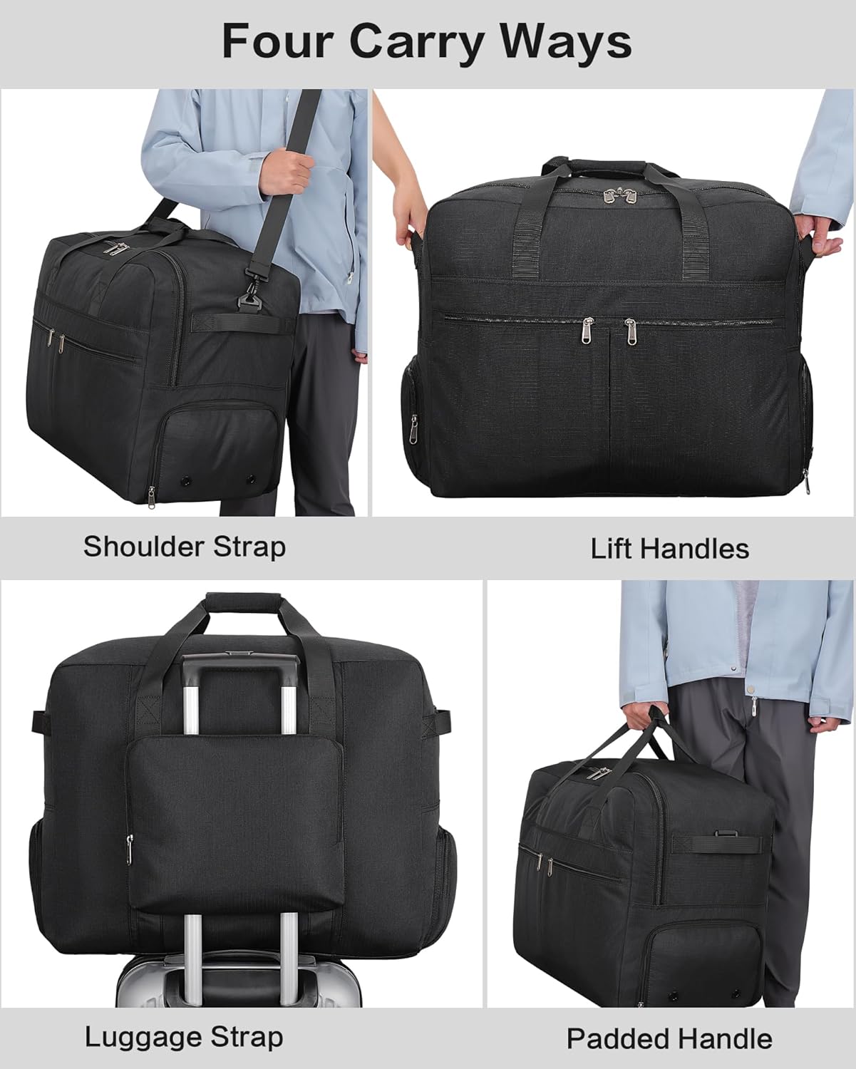 100L Foldable Large Travel Duffle Bag for Men and Women, Packable Duffel Bags with Shoe Compartment, Water Repellent & Tear Resistant (Black)