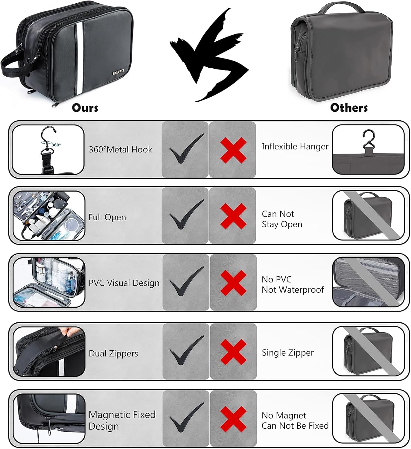 BAGSPRITE Large Toiletry Bag for Men, Women Travel Bag with Hanging Hook, Water-resistant Makeup Cosmetic Bag Shaving Kit Organizer, Bathroom Bag for Traveling