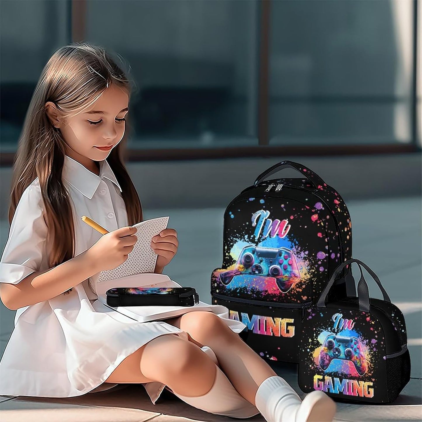 COZYAURA Kids Backpack with Lunch Box - Graffiti Video Gamer Backpack for School - Lightweight Black Gaming Backpacks for Boys