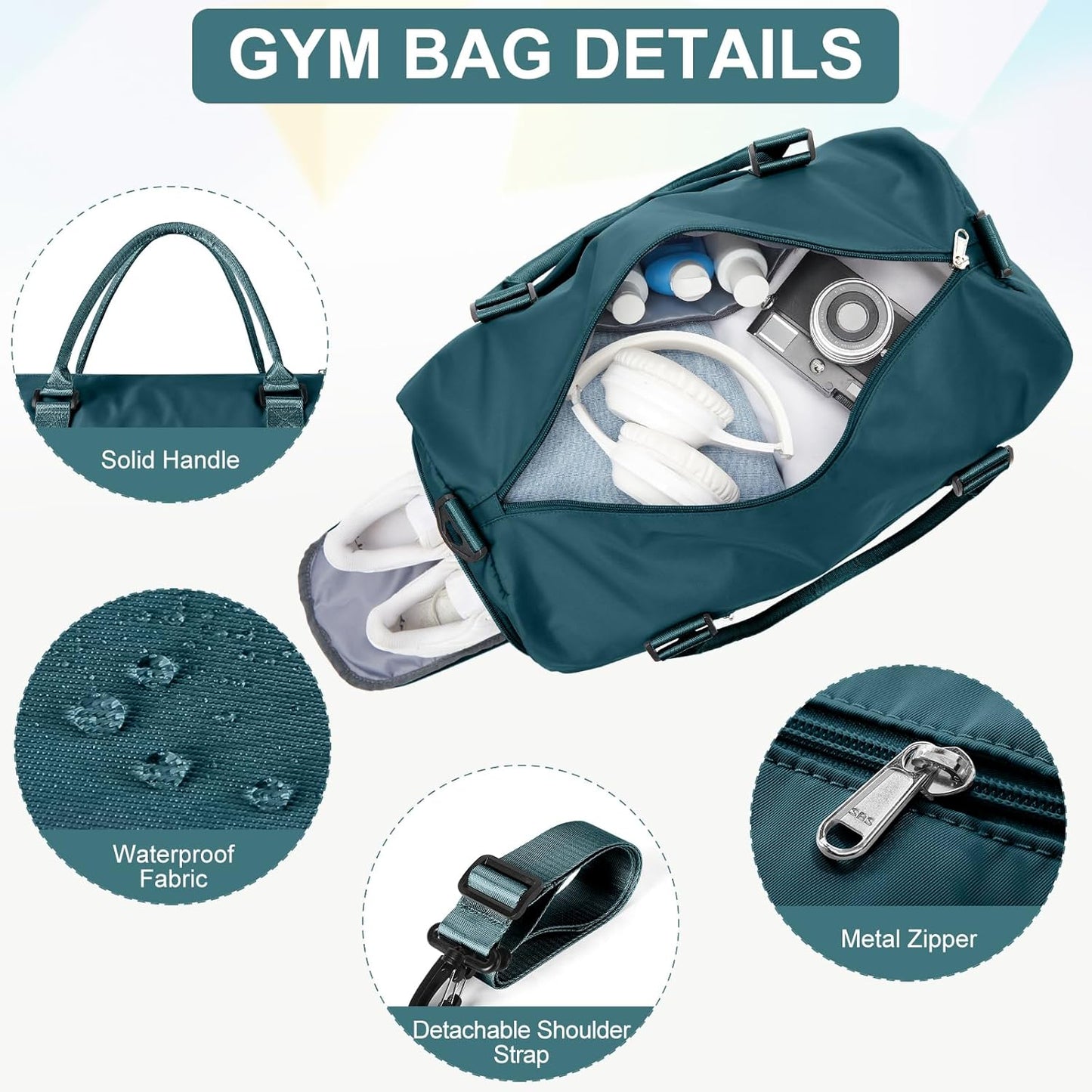 Gym Bag for Women Men with Shoes Compartment,Sports Duffle Bag Personal item travel Duffel Bags Tote Bag Small Carry on Weekender Overnight Bag Workout Dance Bag Hospital Holdalls Peacock Blue
