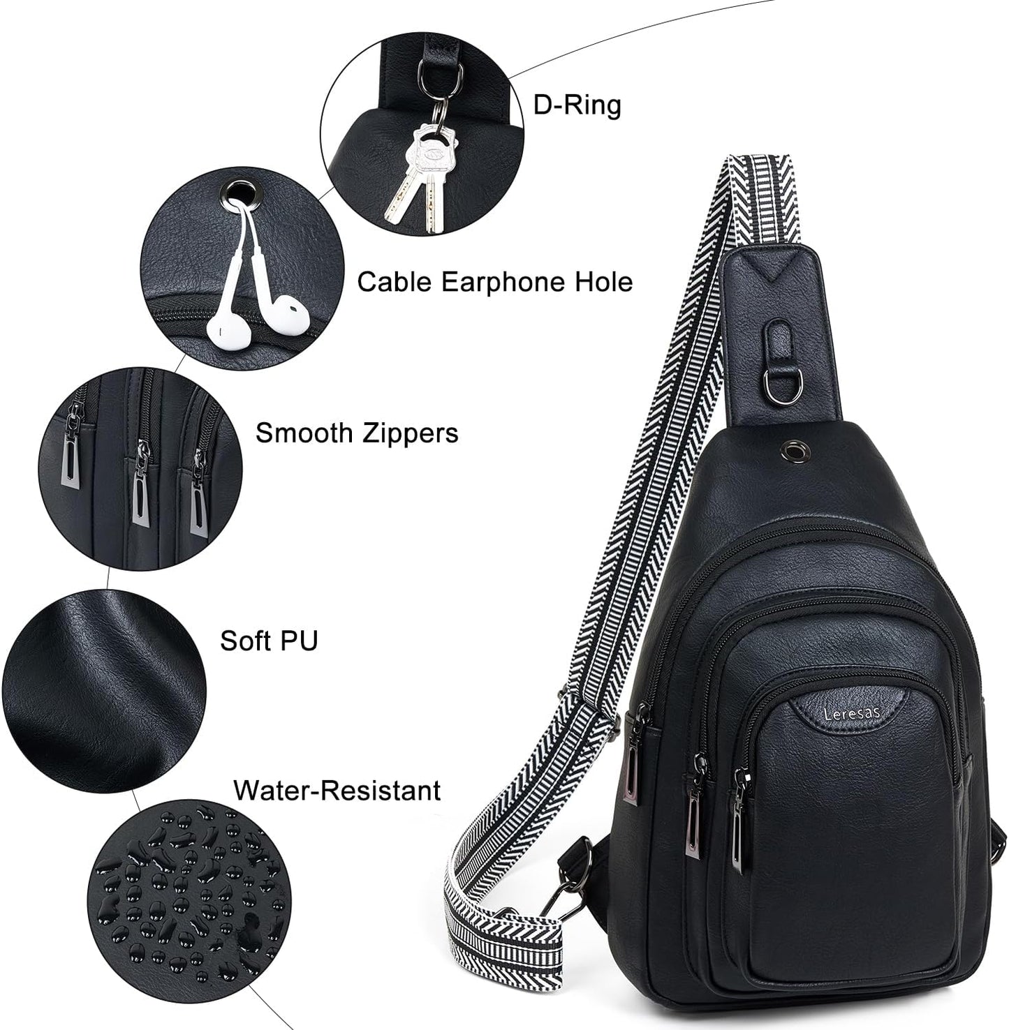 10L Crossbody Sling Bag for Women Men Anti Theft Cross Body Fanny Pack Belt Bag Purse Gifts for Women Faux Leather, Black