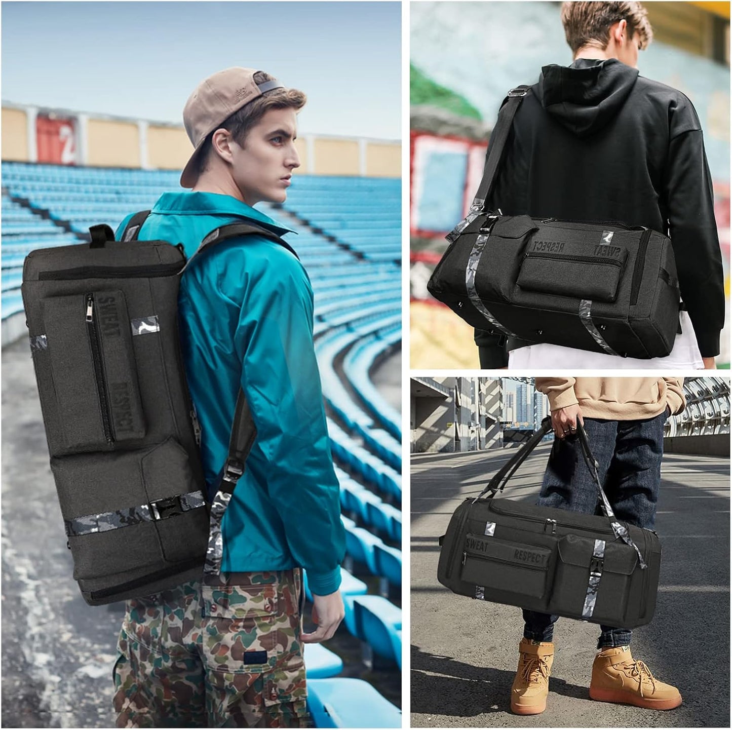 Gym Bags for Men Gym Duffle Bag Backpack 3-Way Sports Duffel Bags for Men with Shoe Compartment & Wet Pocket(Black)