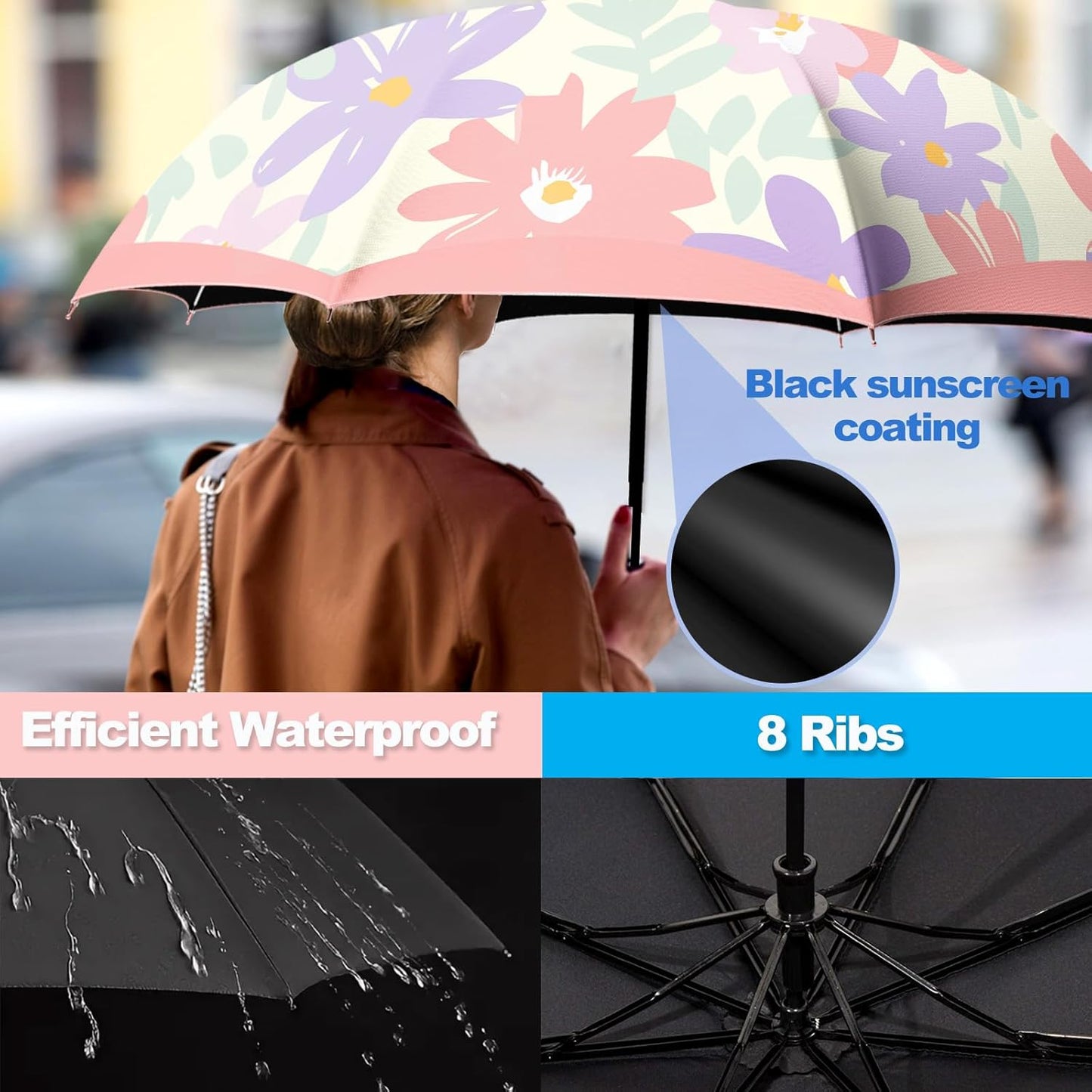 Small Travel Folding Umbrella for Girl, Portable, UV, SunShade, Compact, Automatic, Rain & Wind