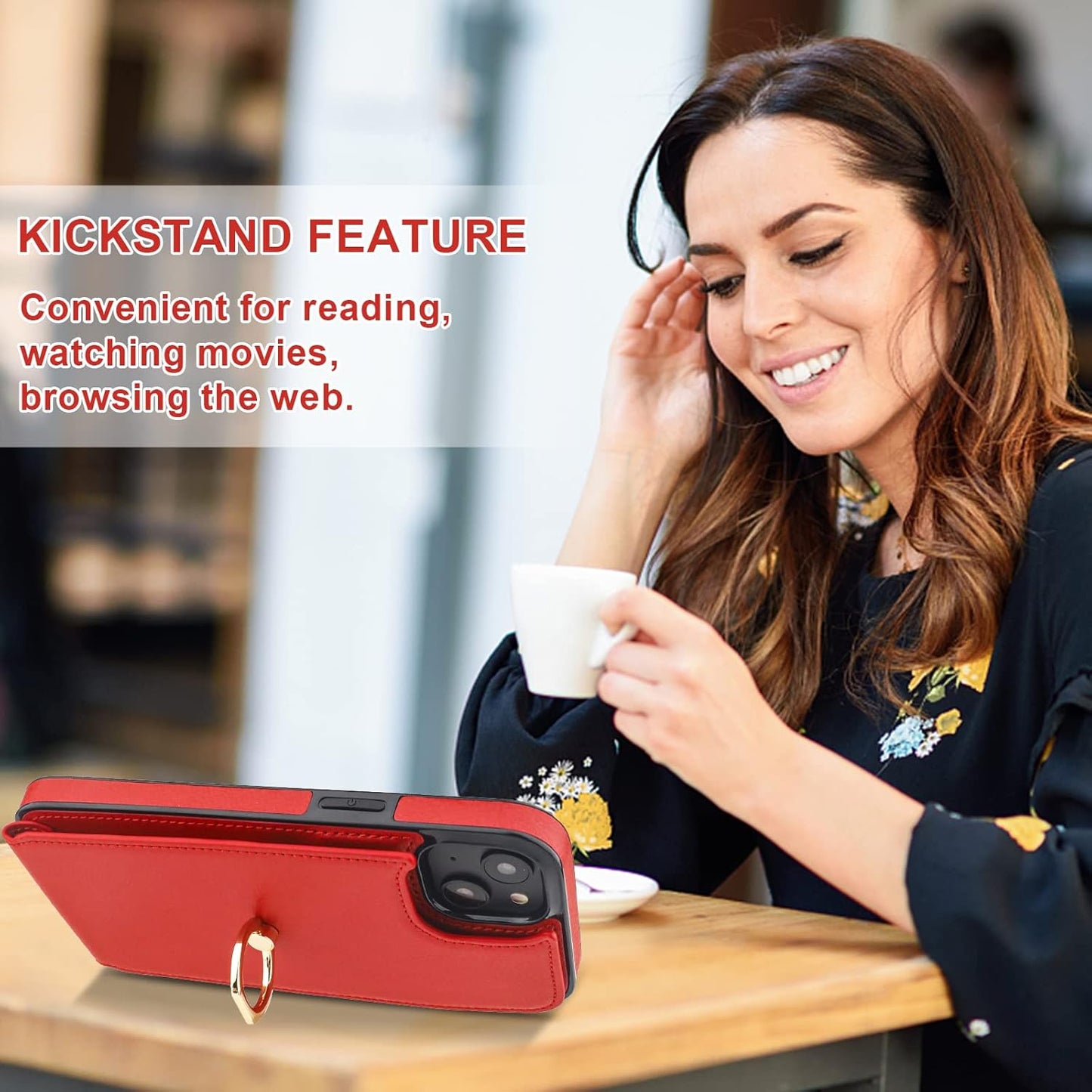 Folosu Compatible with iPhone 14 Plus Case Wallet with Card Holder, 360°Rotation Finger Ring Holder Kickstand, RFID Blocking Leather Protective Double Buttons Shockproof Cover 6.7 Inch Red