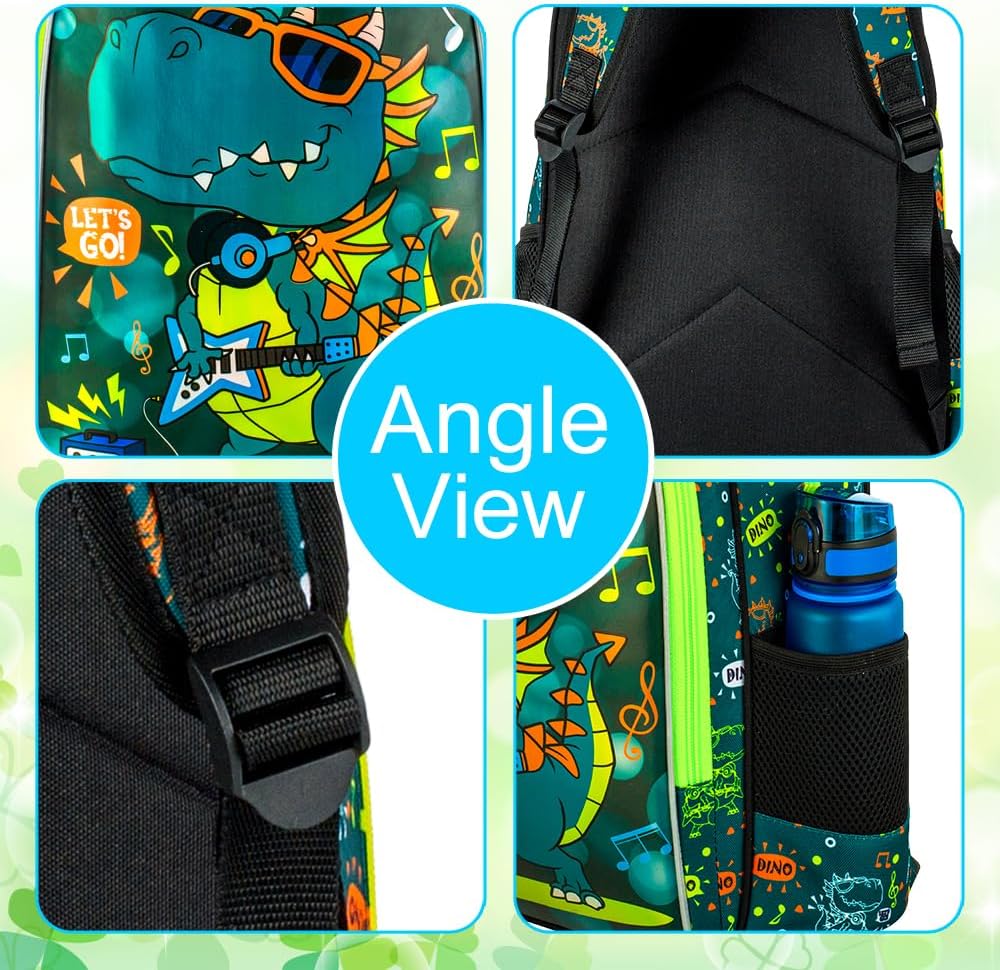 16" Dinosaur Backpack for Boy, 3Pcs Kids School Bookbag for Elementary Preschool Kindergarten, School Backpacks with Lunch Box(Green)