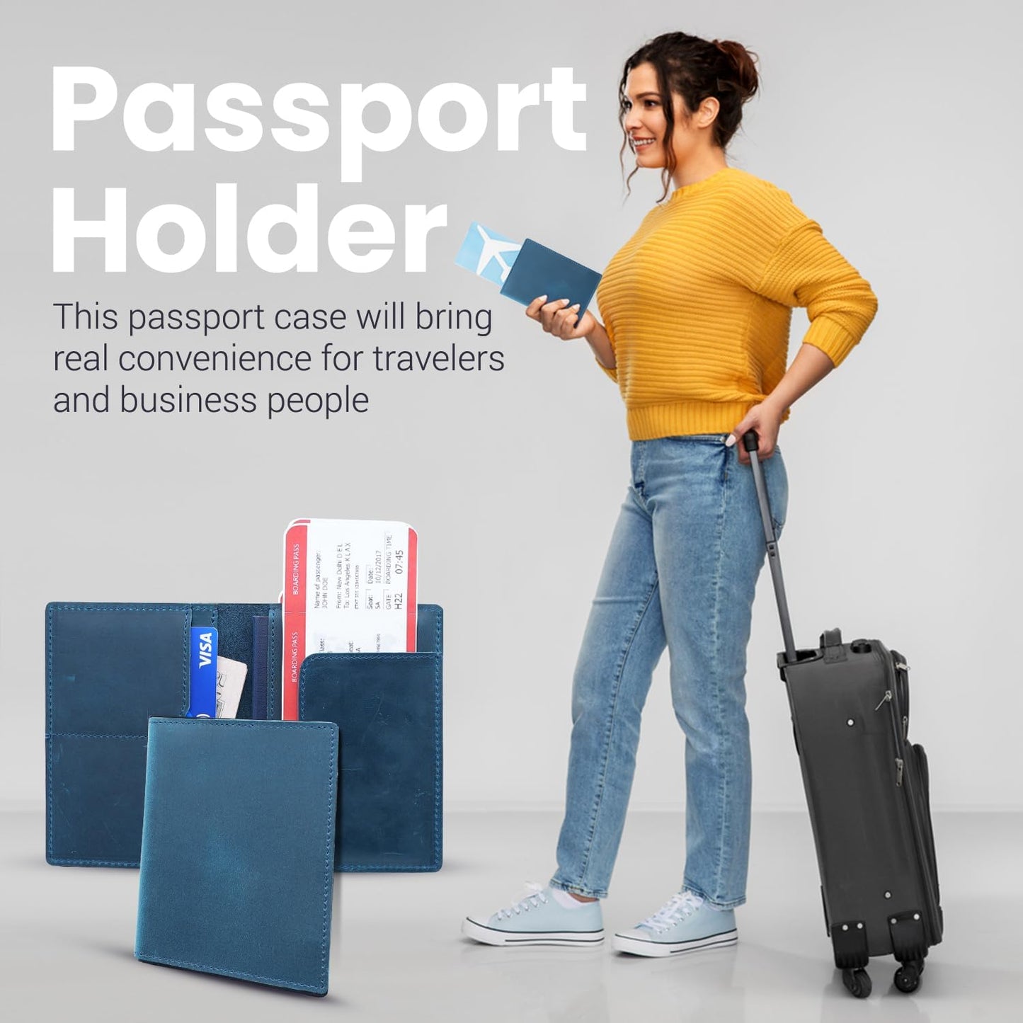 Leather Passport Holder with Travel Wallet, Genuine Leather Passport Cover- Passport Wallet, Leather Folding Wallet for Passports (Straight Cut, Blue)