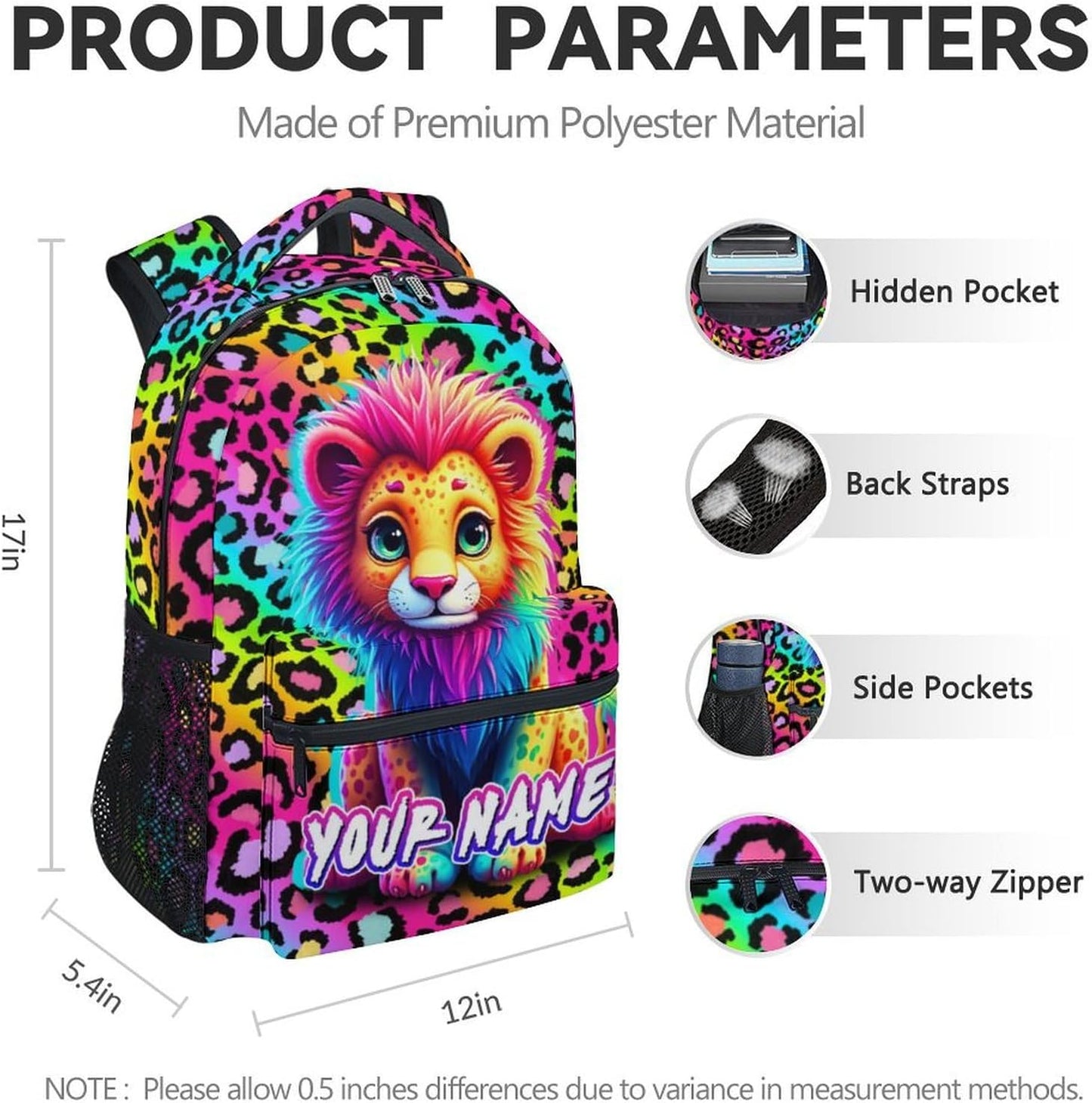 Custom Lion Backpack for Kids - 17 Inch Aesthetic Girls Backpacks for Preschool - Cute Lightweight Durable Animal Print Bookbag for Middle School