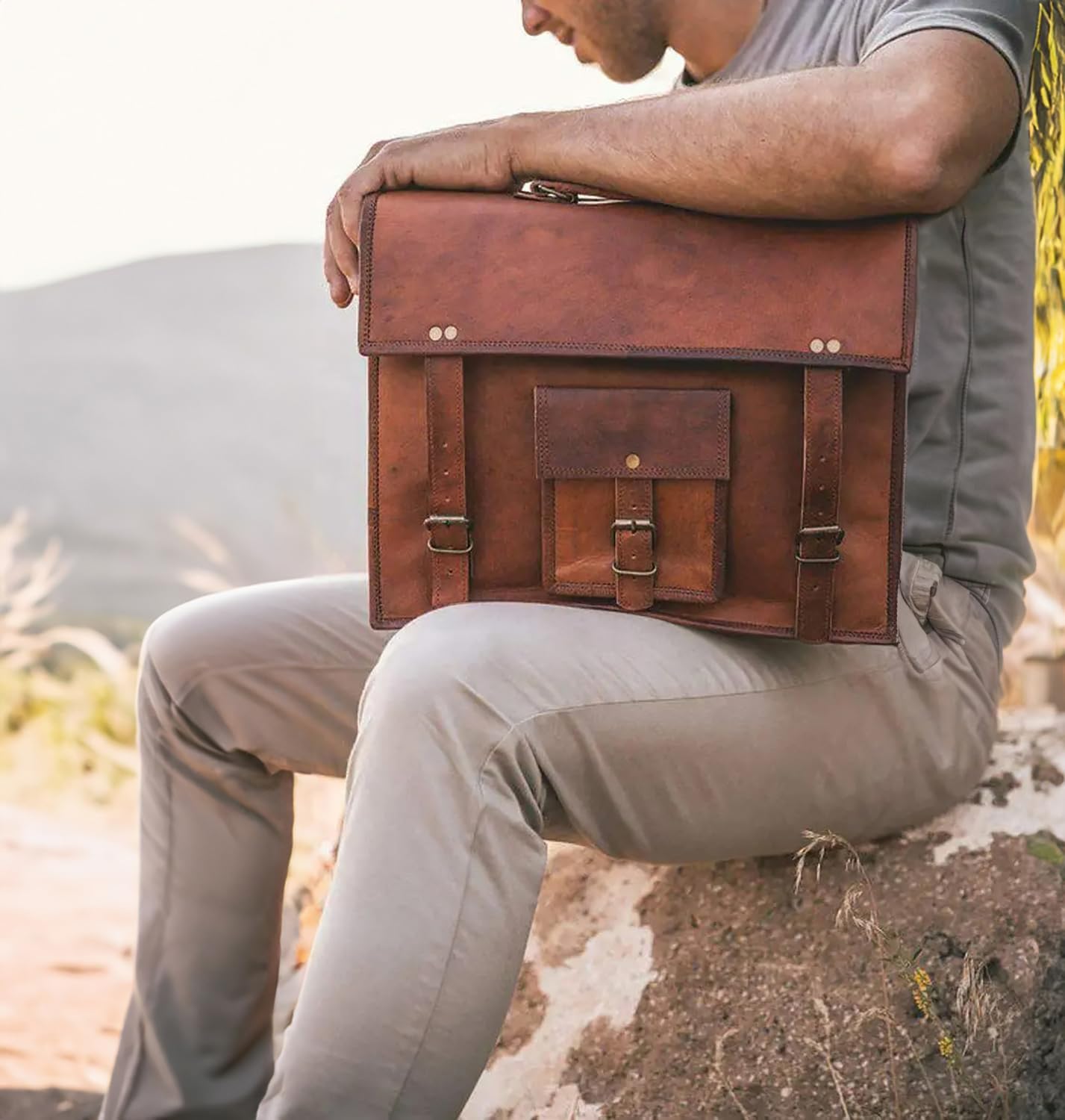 Leather Messenger Bag for Men - 14" Full Grain Leather Laptop Briefcase - Vintage Computer Satchel Travel Crossbody Bag for Office & Work