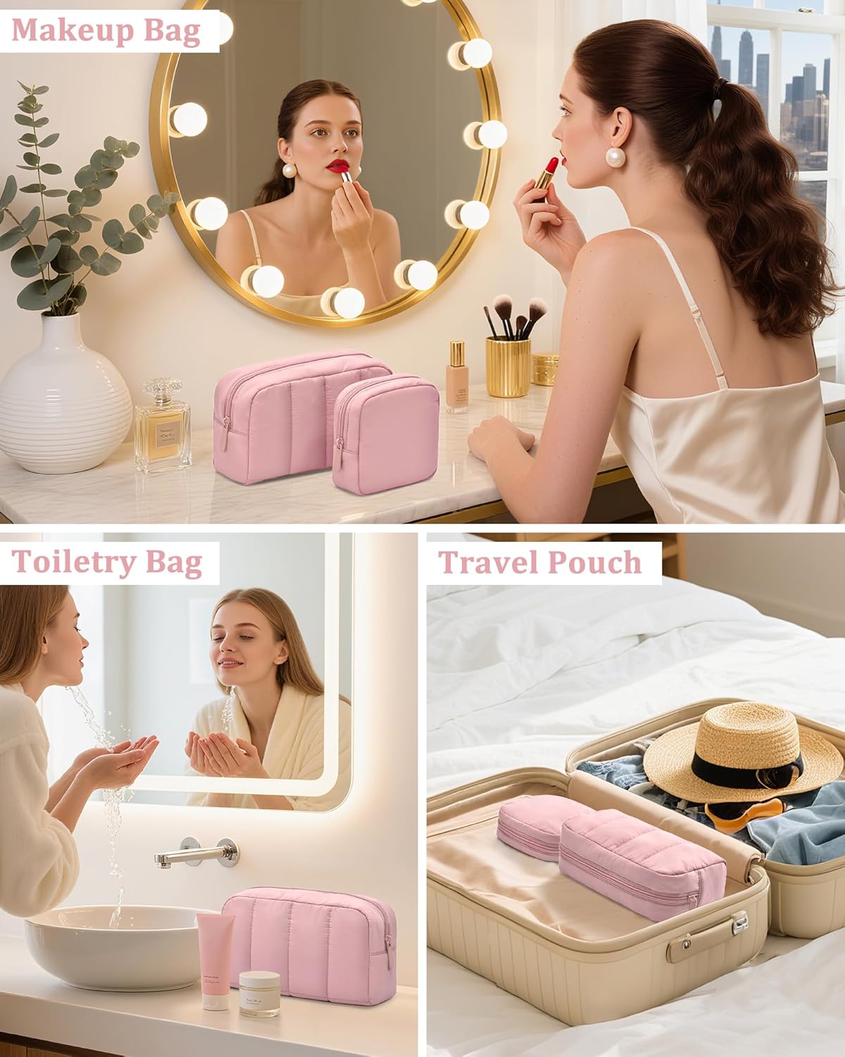 oscaurt 2 Pcs Makeup Bag Travel Toiletry Bag for Women Puffy Padded Cosmetic Pouch Purse Wide-open Makeup Organizer Case Travel Essentials