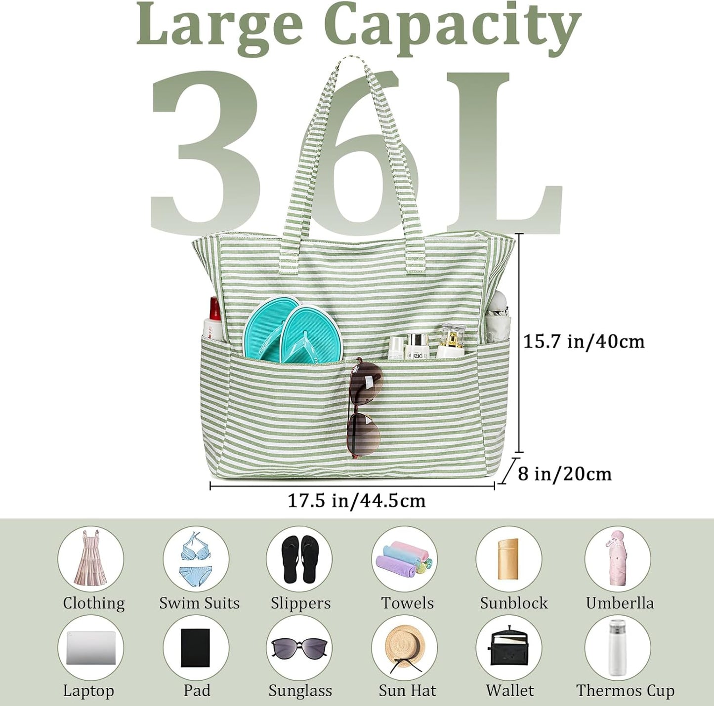 LEDAOU Large Beach Tote Bag Women Waterproof Sandproof Zipper Beach Tote Bag for Pool Gym Grocery Travel with Wet Pocket