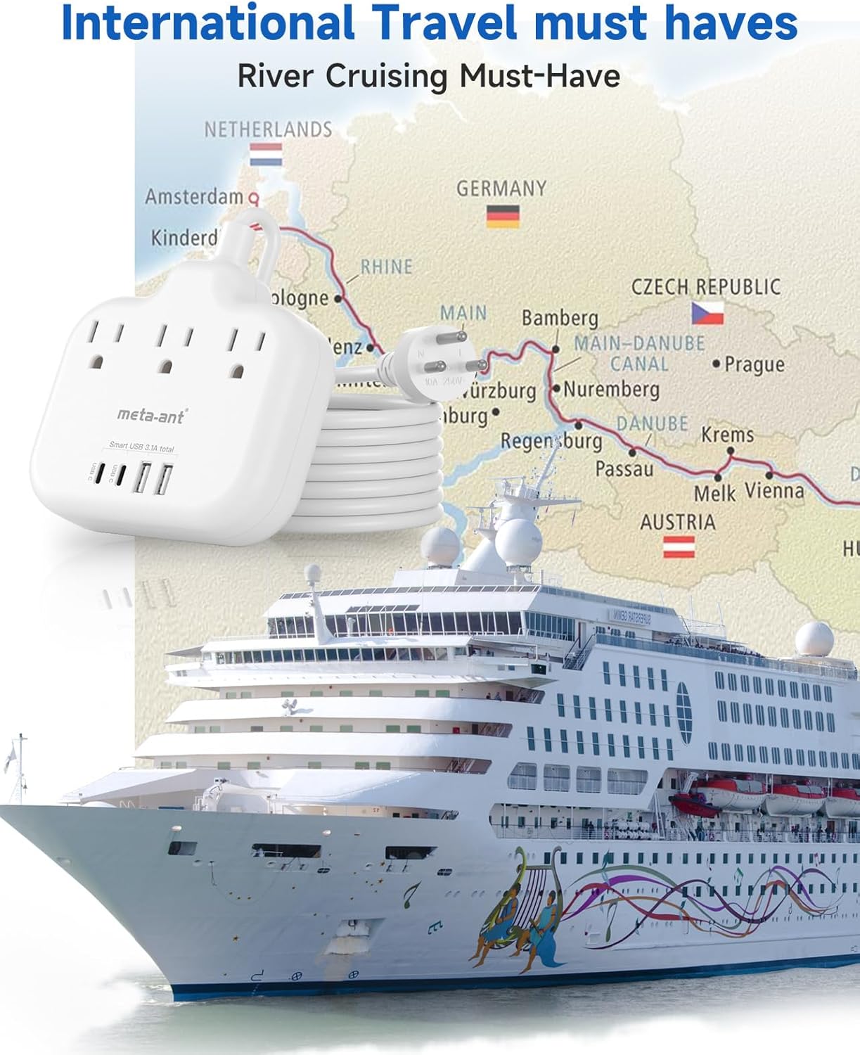 Thailand Power Adapter with 4FT Extension Cord, meta-ant Thailand Plug Adapter with 3 American Outlets 4 USB Ports(2 USB-C), Type O Adapter for US to Thailand