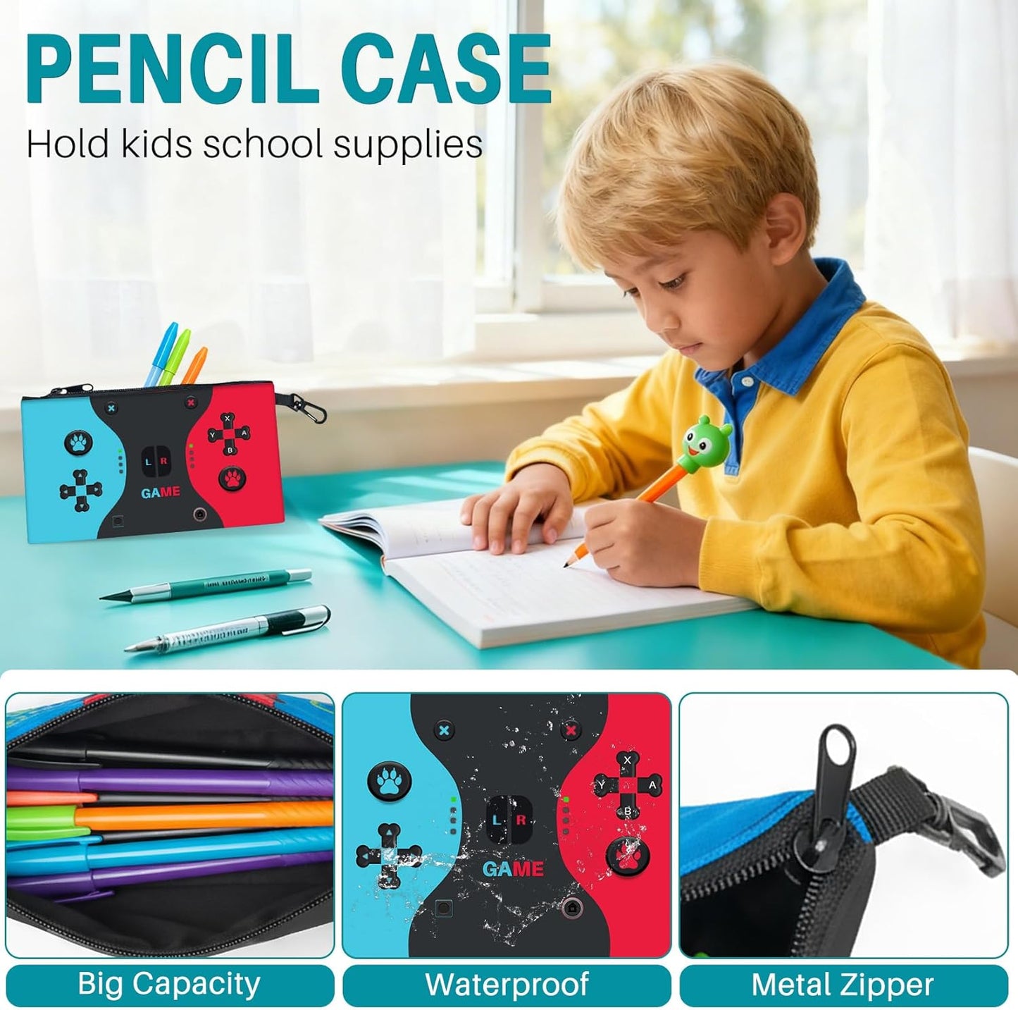 17 Inch Large Capacity Gamer Backpack for Boys - Complete 3pcs Set with Insulated Lunch Box and Zipper Pencil Case, Ideal for Elementary Middle School Teen Boys