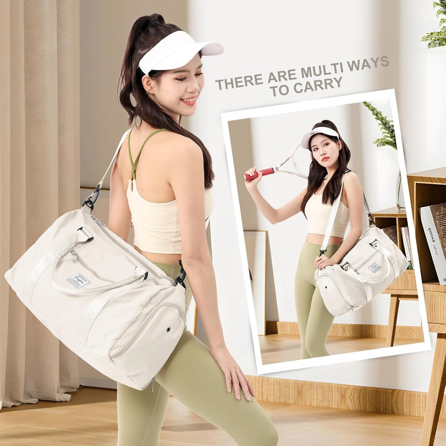 Gym Bag for Women Men with Shoes Compartment & toiletry bag,Sport Swimming Yoga Bag,Waterproof Travel Duffel Bag Small Carry on Bag Overnight Weekender Bags Personal Item Bag for Airlines Cream White