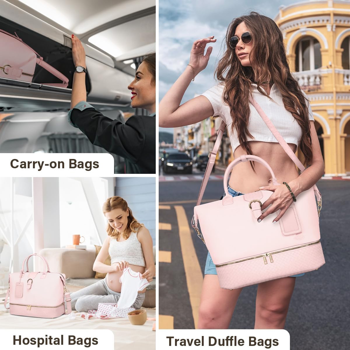 Leather Weekender Bags for Women, Travel Duffel Bag PU Overnight Bag Carry On Tote Bag with Shoe Compartment Wet Pocket