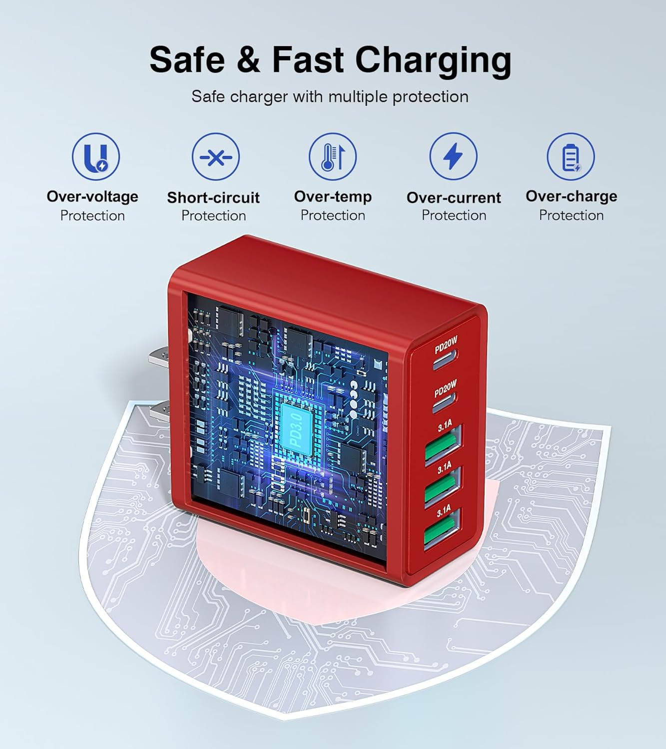 USB C Wall Charger Block, 2Pack 60W USB C Charger 5-Port PD Fast Charging Blocks,QC 3.0 USB A Multiport Plug,Type C Power Adapter Brick Cube for iPhone 17/16/15/14/13/Pro,Samsung,for Switch/Pixel(Red)