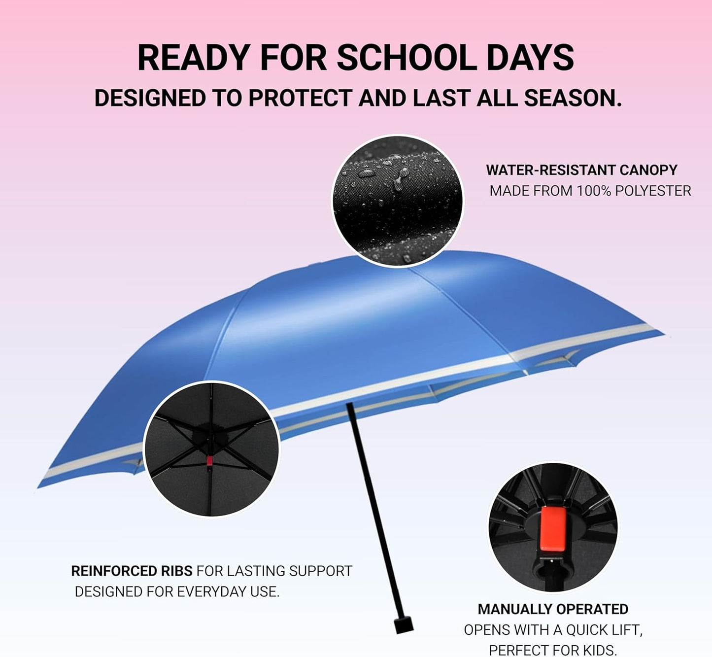 Knirps Rookie Manual Rain Umbrella for Elementary and Middle School Kids – 35.4" Canopy with Reflective Safety Stripe, Carrying Case Included