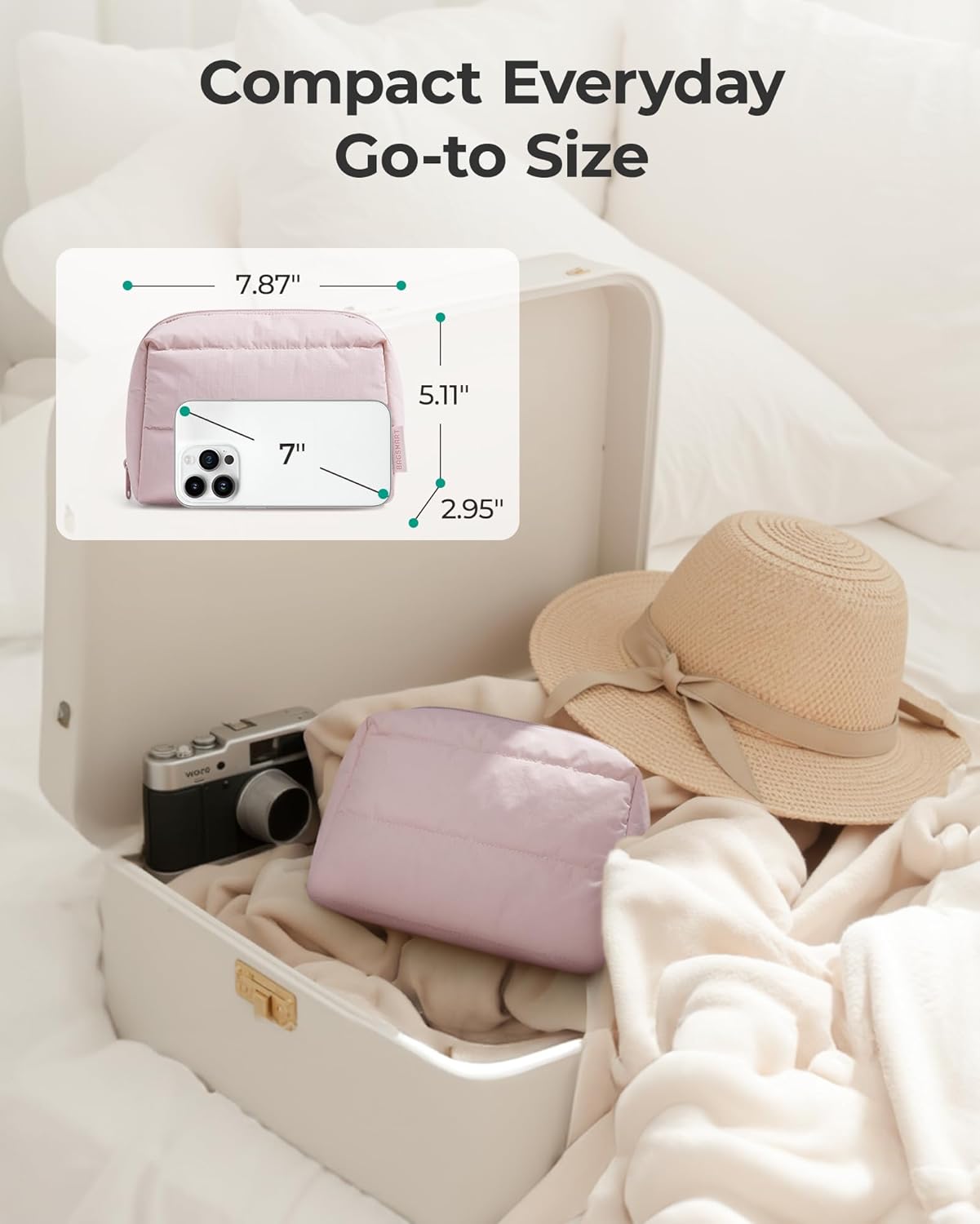 BAGSMART Makeup Bag, Wide Opening Cosmetic Bag Compact & Spacious, Water-Resistant Travel Organizer Pouches for Women (Nude Pink)