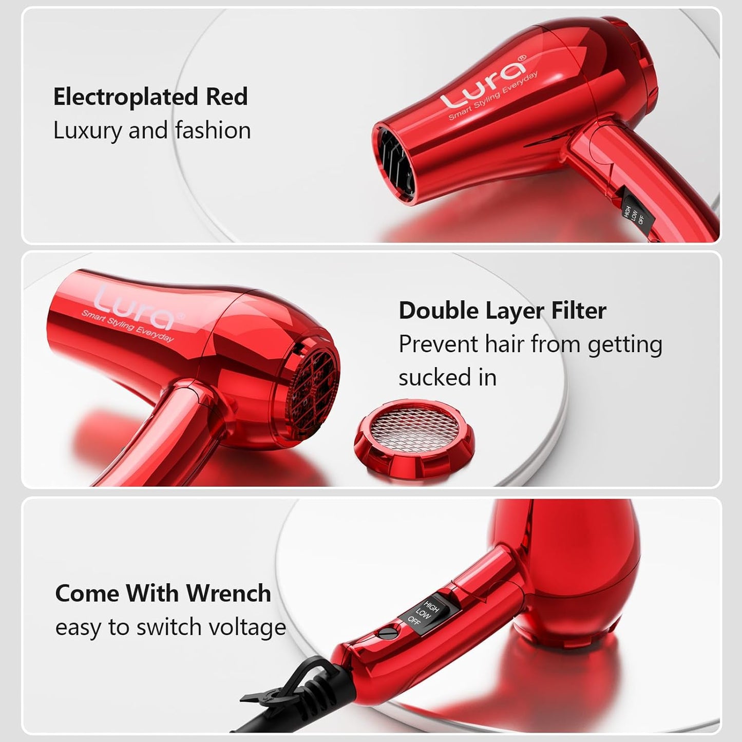 LURA Mini Portable Travel Hair Dryer:Dual Voltage Small Lightweight Blow Dryer with EU Plug,1200W Compact Hairdryer with Folding Handle,with Concentrator&Diffuser Attachment,for Women and Men(Red)