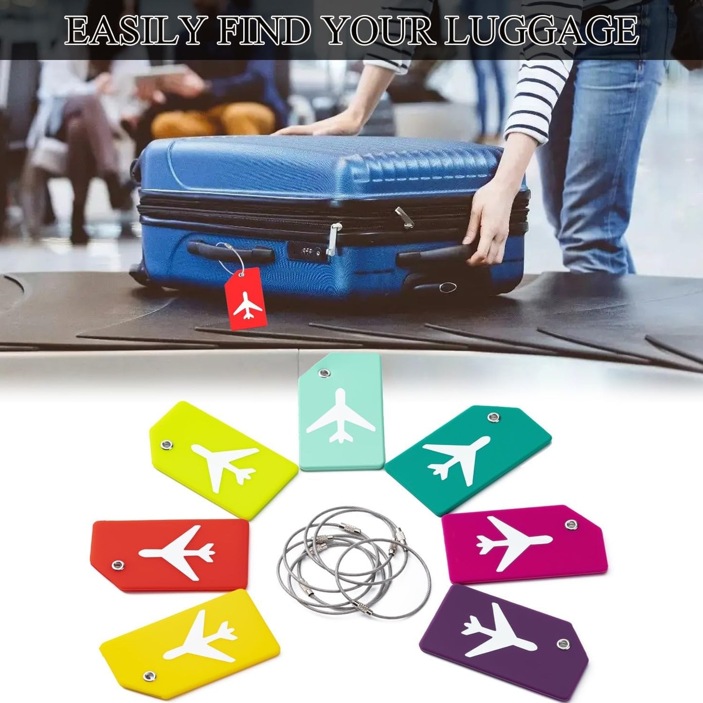 10 Pack Silicone Luggage Tag for Suitcases with Stainless Loop, Privacy Protection Travel Bag Tags Perfect to Quickly Spot Baggage Handbag (Multicolour)