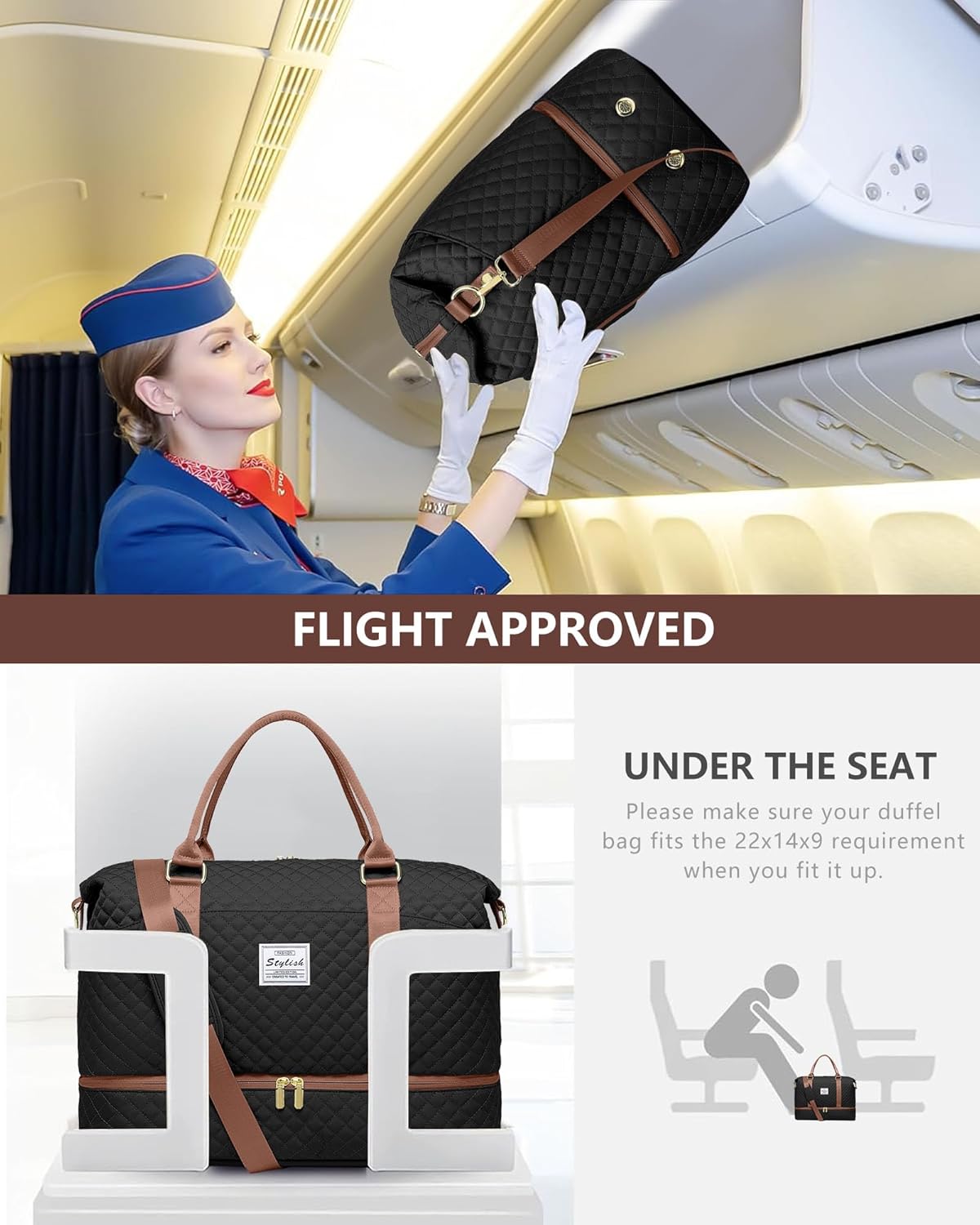 Travel Weekender Bags for Women Duffle - Carry on Overnight Bag with Shoe Compartment & Toiletry Gym Duffel Bags with Wet Pocket Hospital for Labor and Delivery Black Brown