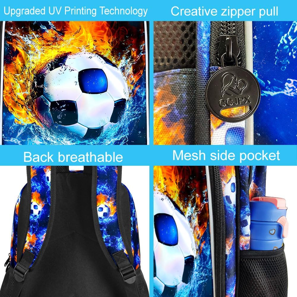 17" Soccer Backpack for Boys, Kids Bookbag with Lunch Box, 3Pcs Football School Backpacks for Elementary Preschool Kindergarten (Fire and Ice)