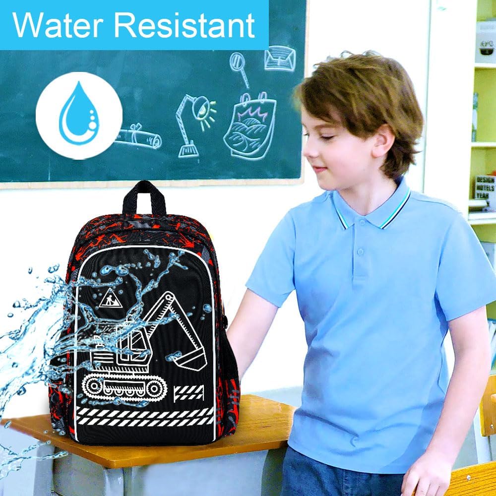 17 Inches Glow in The Dark Excavator Backpack for Boys, 3Pcs Digger School Bookbag Set for Teens, Laptop Backpacks with Lunch Bag(Red)