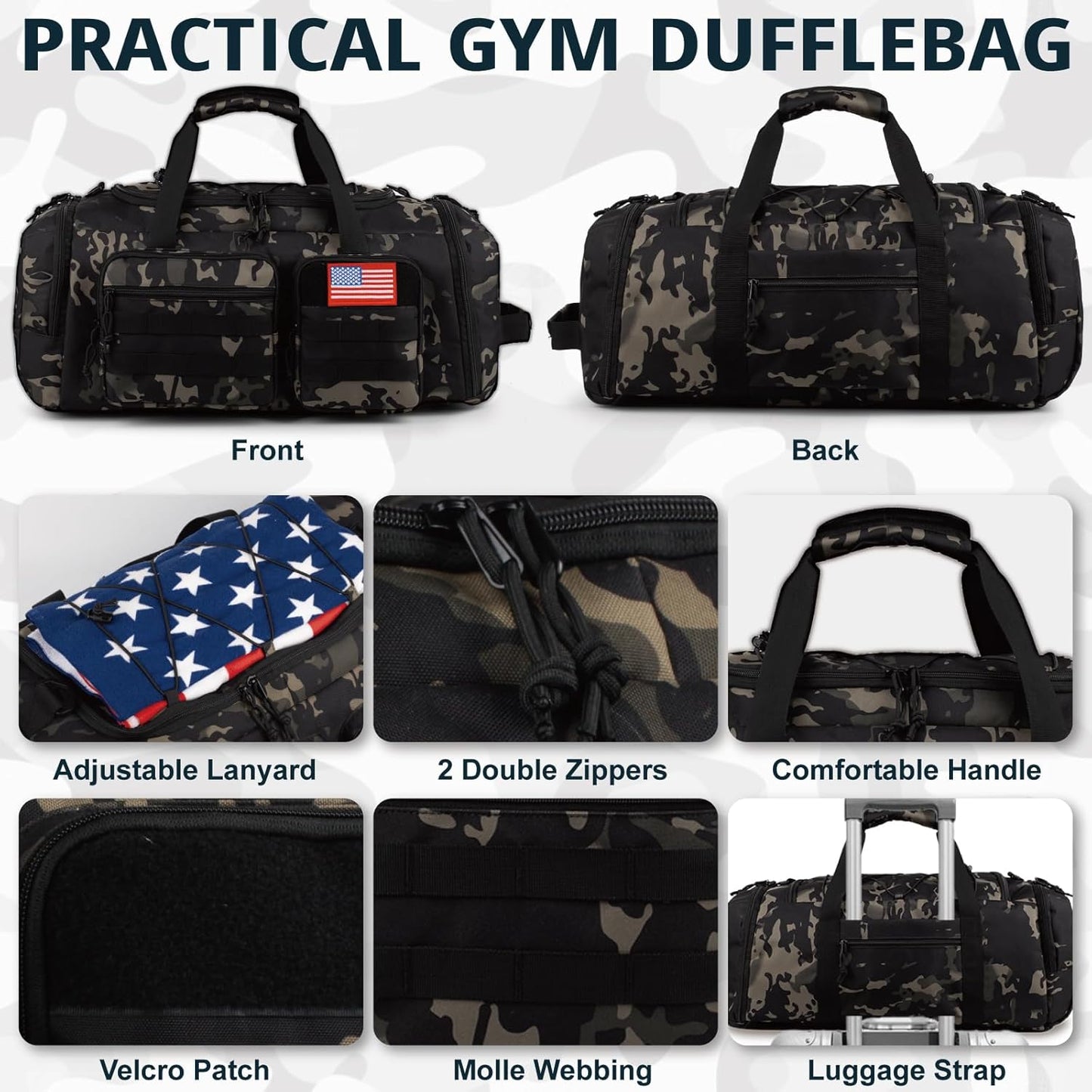 Tactical Gym Bag for Men,50L Large 3 in 1 Sports Duffle Bag with Shoes Compartment for Travel,Water Resistant Travel Backpack Weekender Overnight Bag with Wet Pocket for Women