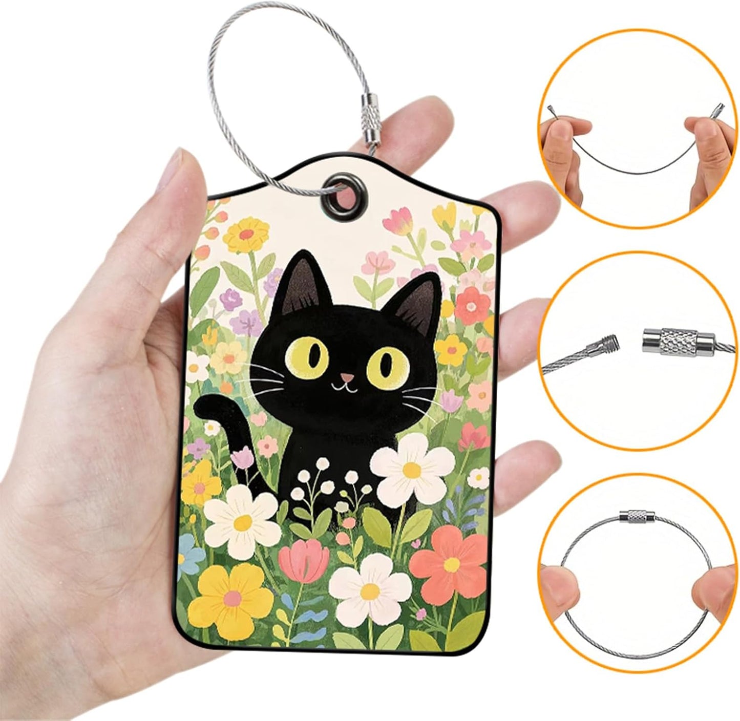 2 Pack Black Cat Leather Luggage Tags for Suitcases, Travel Bag Tags with Privacy Cover ID Label with Stainless Steel Loop for Women Men Girls Backpack Gift (Beige Black)