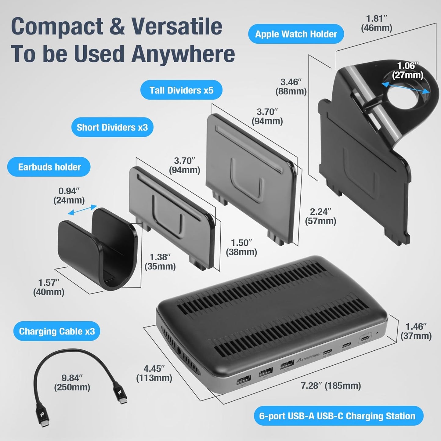 160W 6-Port USB-C and USB-A Charging Station Organizer with 140W PD 3.1 – Includes Cables – for MacBook, iPhone, iPad, AirPods, Smartphones, Tablets, and Gaming Devices